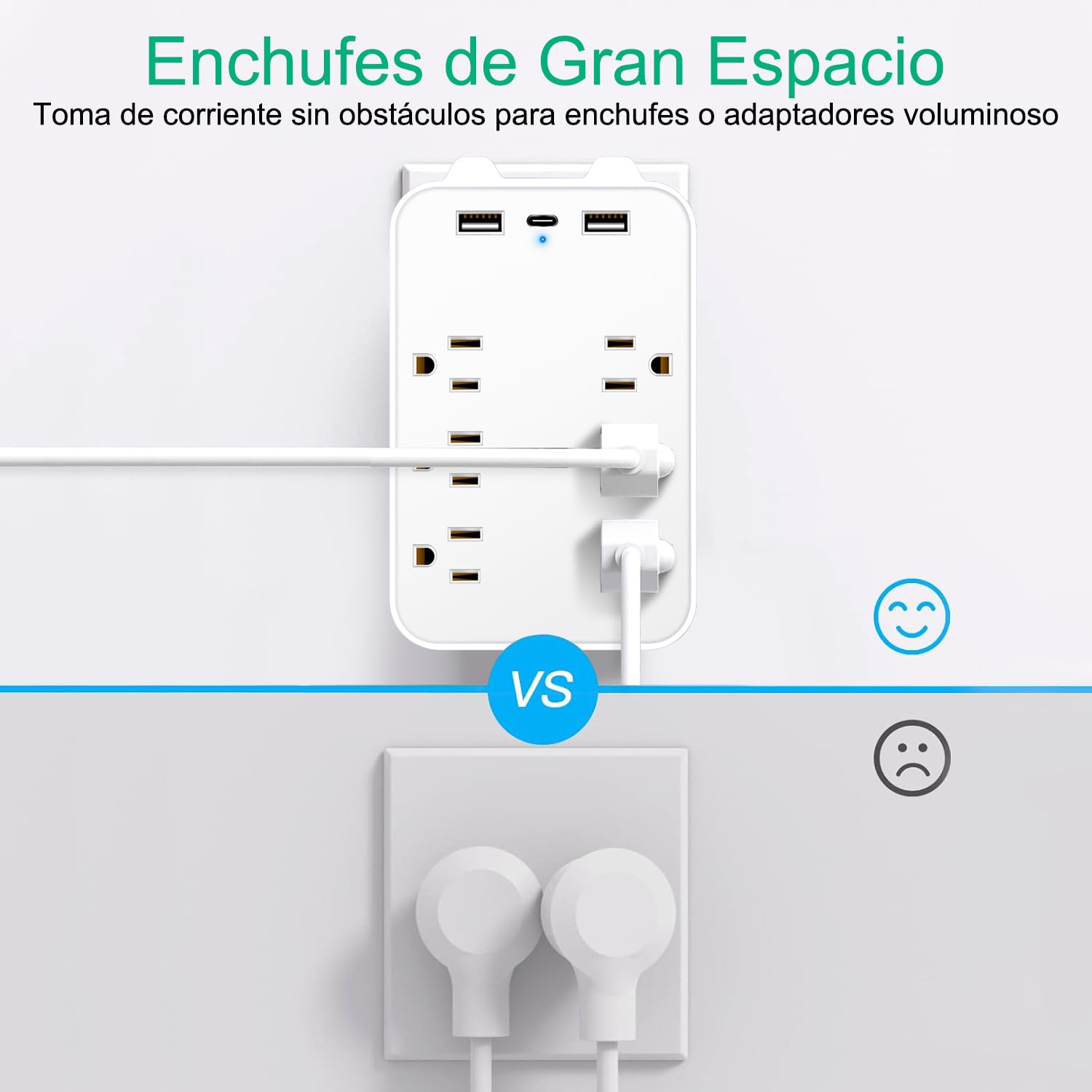 Multicontacto de Pared, Protector de Sobretensión de Pared con Extensor de 6 Tomas con 3 Puertos USB (1 USB-C), Regleta Multicontacto Extensiones Eléctricas Enchufe de pared para Oficina Casa