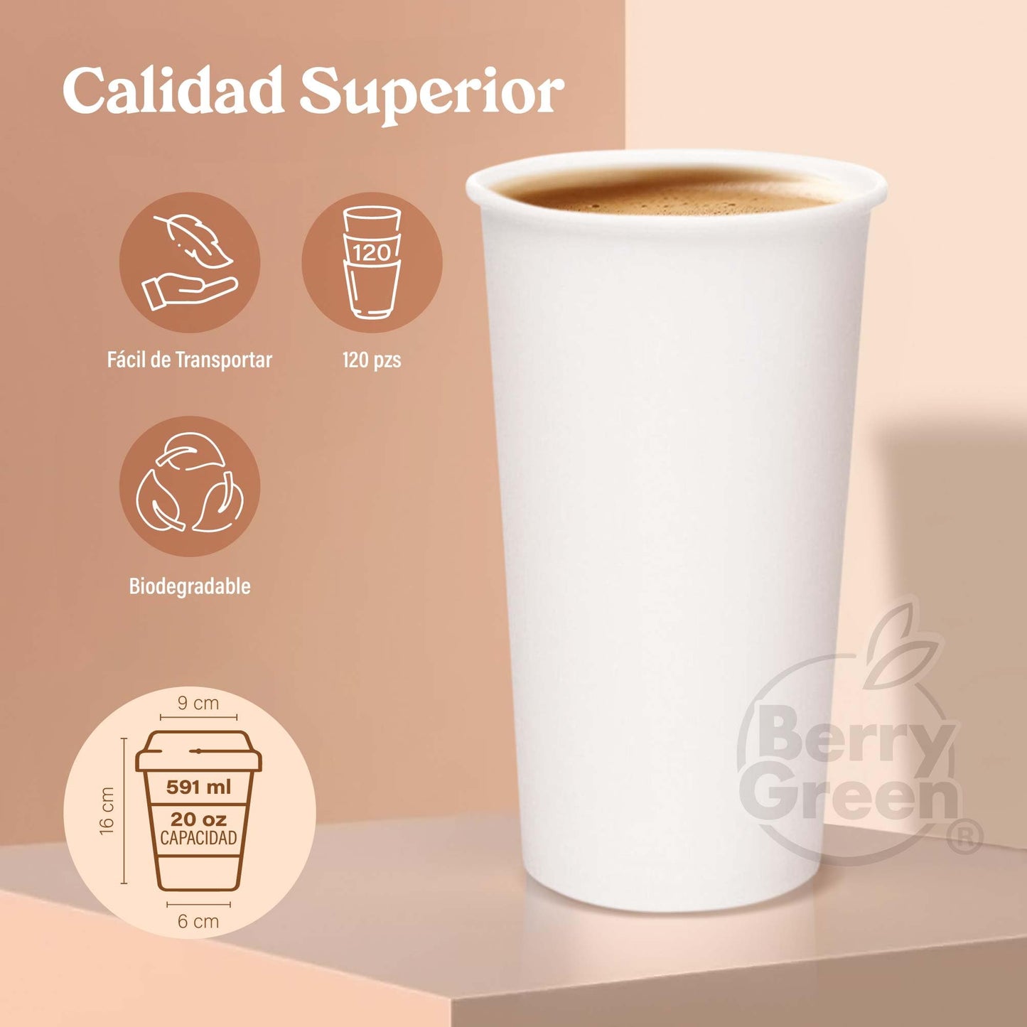 Berry Green Vasos Blancos para Café, Paquete de 120 Vasos, Resistentes, Perfectaos Para Cafe, Te y Todo Tipo de Bebidas Calientes, Biodegradables y Faciles de Apilar (20 Onzas)