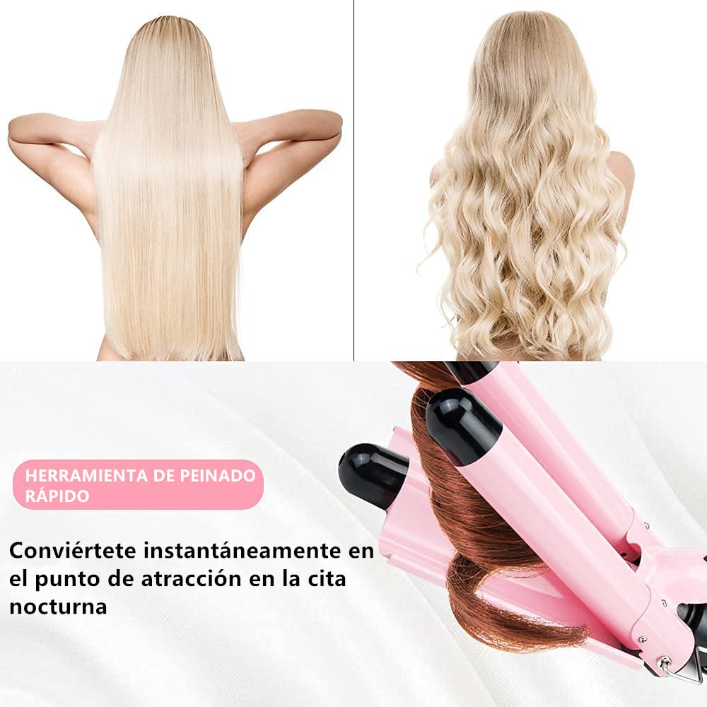 Rizador de Pelo, Ondas Cerámica con Temperatura Ajustable, Triple Tubo Rizador de Cabello de 25mm, Herramienta de Peinado Automático para Mujer Cabello Largo/Corto y Viajero Regalo (Rosado)