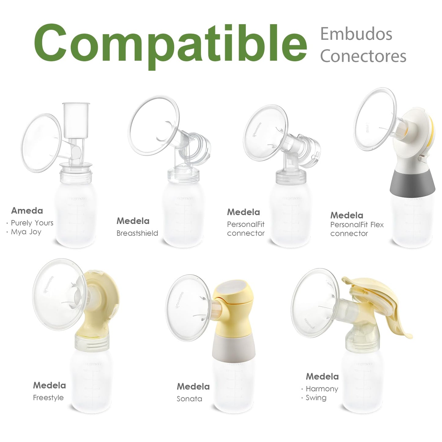 Maymom Botella para Extractor de Leche Compatible con Medela Pump in Style MaxFlow Pro Pro+, Freestyle, Swing Maxi Pump, Breastshields; Compatible con Ameda Mya Joy, Finesse y Purely Yours Pumps; 8pc/pk