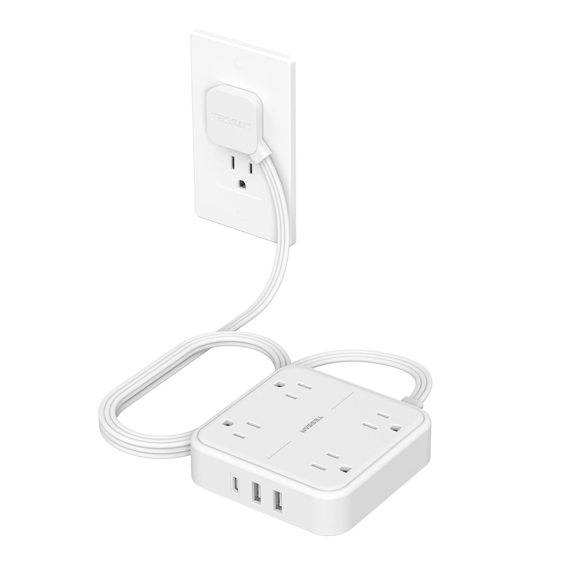 TESSAN Regleta Multicontacto con Protector de Sobretensión, 1.5M Plana Extension Electrica, Enchufe Plano Conector Multiple con 4 Salidas y 3 USB (1 USB C), Hogar Oficina Dorm, Puro Blanco