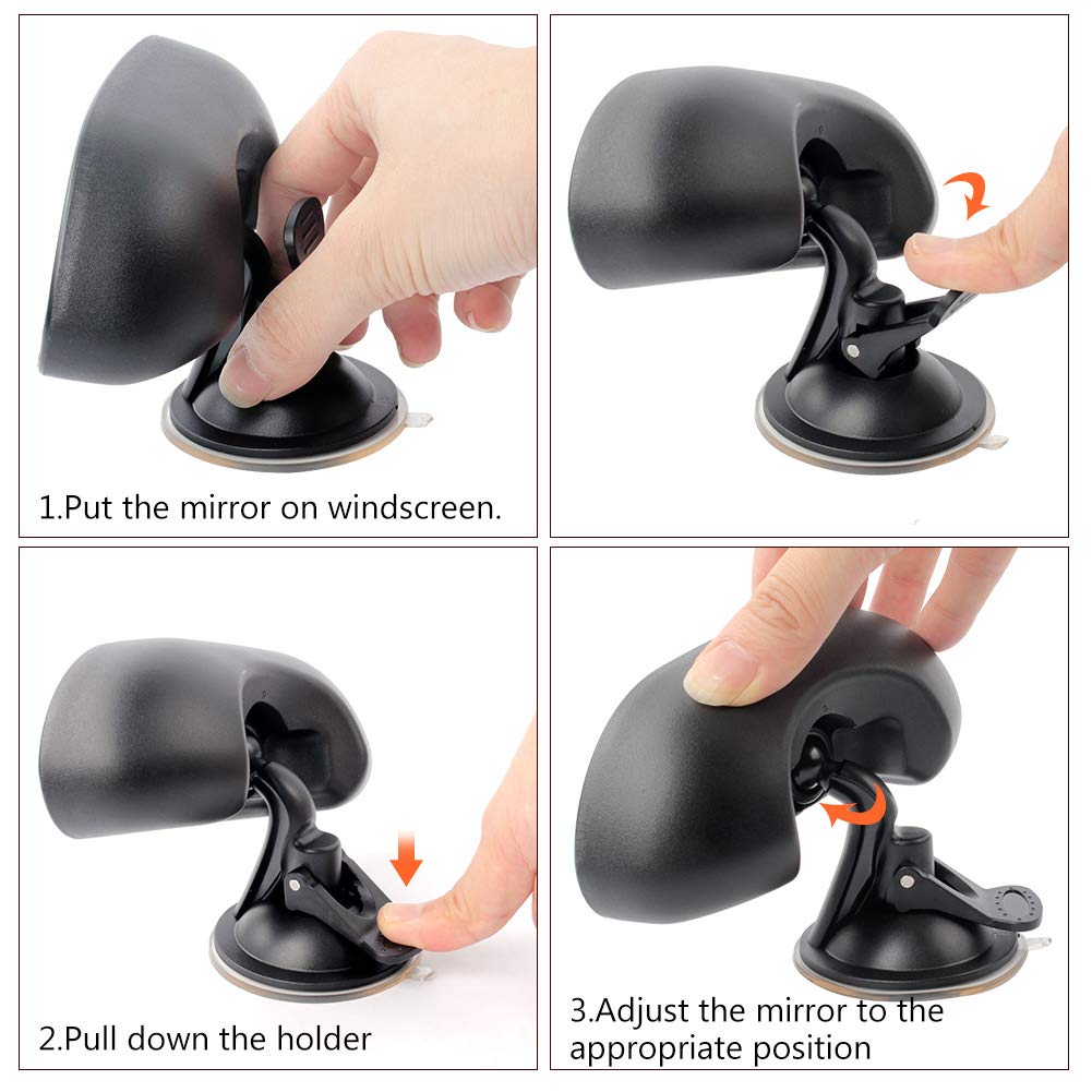 GES - Espejo retrovisor ajustable de 360 grados, ventosa de refuerzo para coche, 5.9 x 2.2 pulgadas, color negro