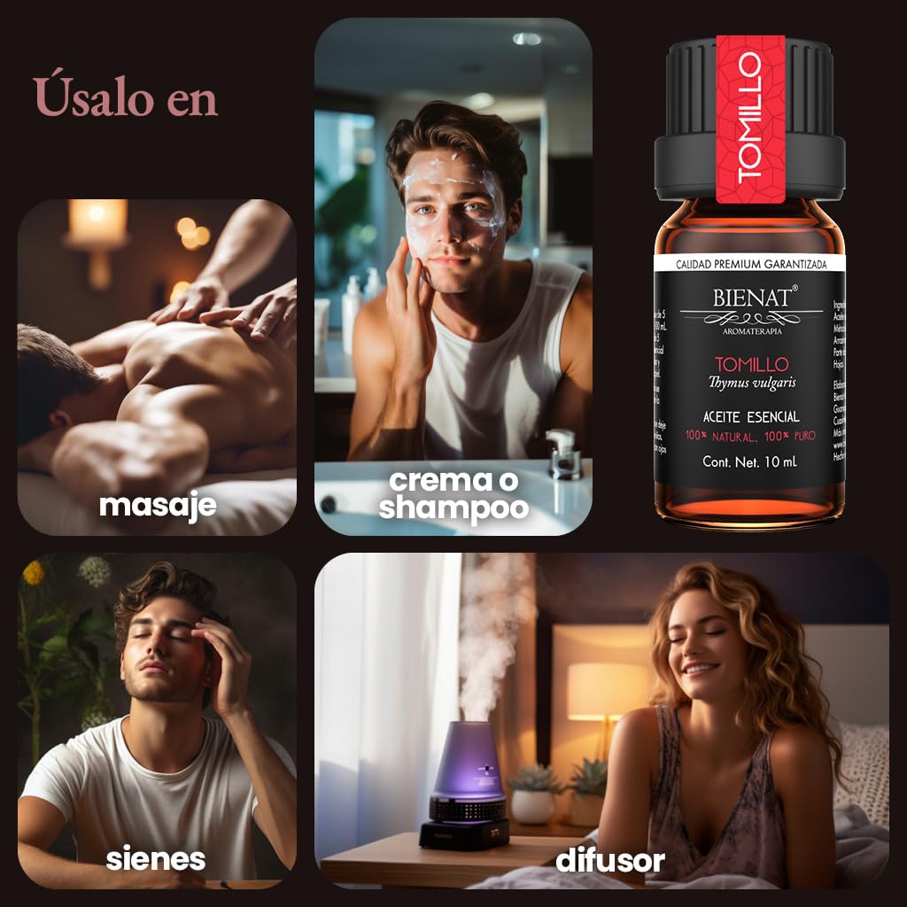 BIENAT AROMATERAPIA Aceite Esencial de Tomillo 10mL | 100% Puro y Concentrado | Ideal para Difusor de Aromas, Humidificador, Aromaterapia, Masajes, Meditación, Jabones y Velas | Esencia Natural en Gotas