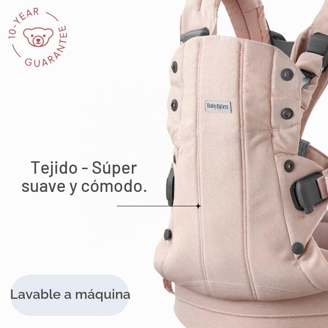 BabyBjörn Canguro Portabebé Harmony, Tejido Jaspeado, Rosa claro | Ergonómico, para recién nacidos hasta los 3 años (3.2–15 kg), 4 posiciones, posición de piernas ajustable, suave y cómodo