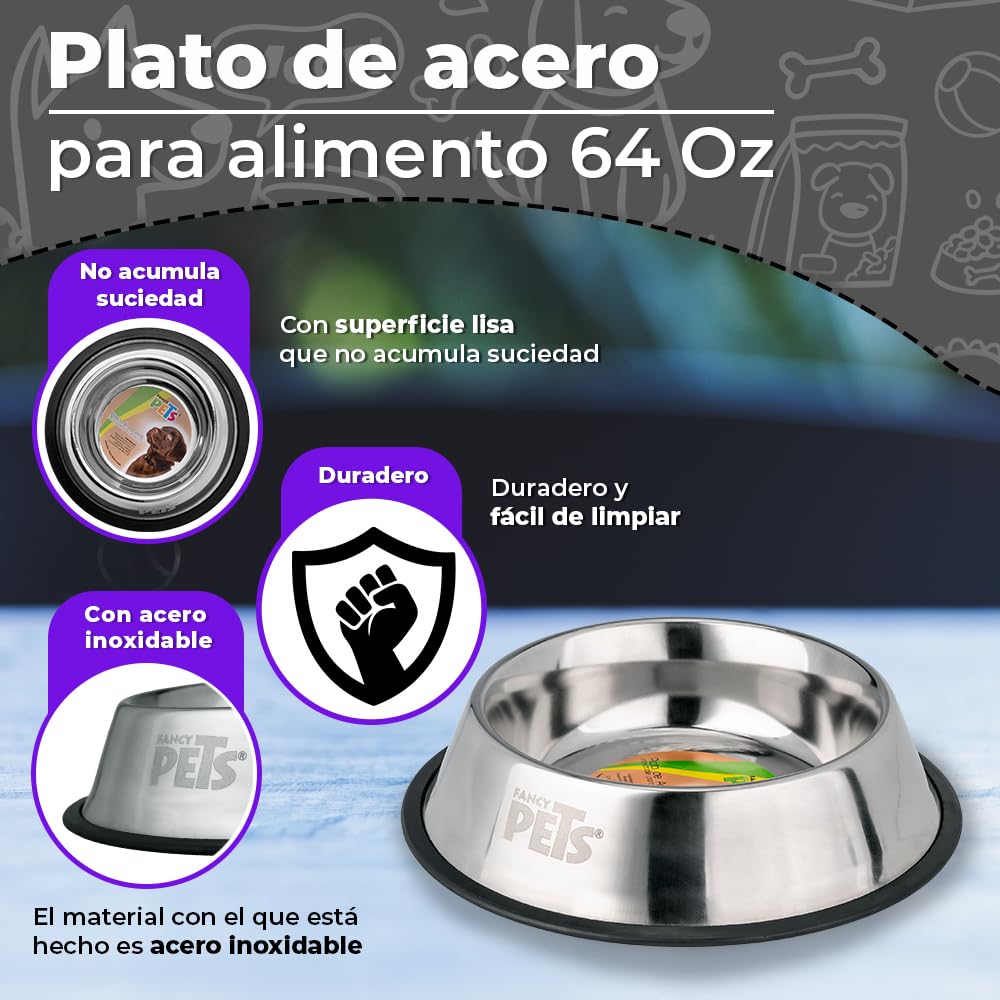 Fancy Pets Plato de Acero para Perro de 64 Onzas o 1.8 Kilogramos con Antiderrapante