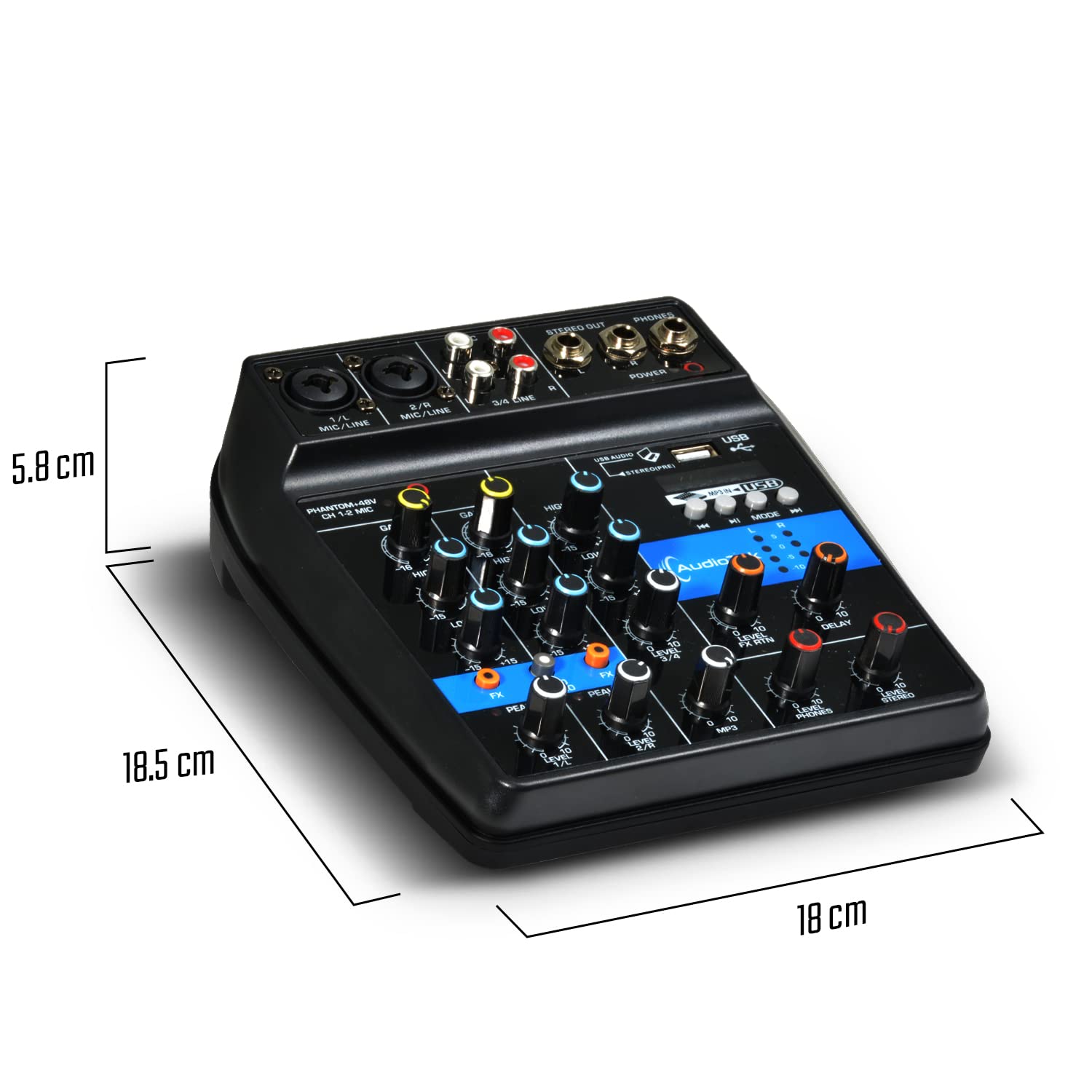 AUDIOTEK Mezcladora de Sonido 4 Canales Control de Efectos Mixer USB Interfaz Bluetooth DJ Potencia de 10 W Conexion Audifonos Phantom Power Consola de Audio Mezcladoras Reproductor y Grabador MP3