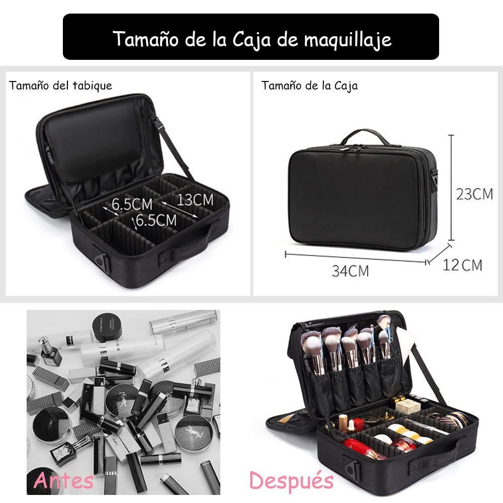 Bolsa de Maquillajede Viaje Estuche Organizador - Bolsa de Cosméticos Impermeable Portátil con Hombro Ajustable y Divisor Ajustable para Pinceles y Herramientas de Belleza (3 Layer, 34x23x12cm,Negro)