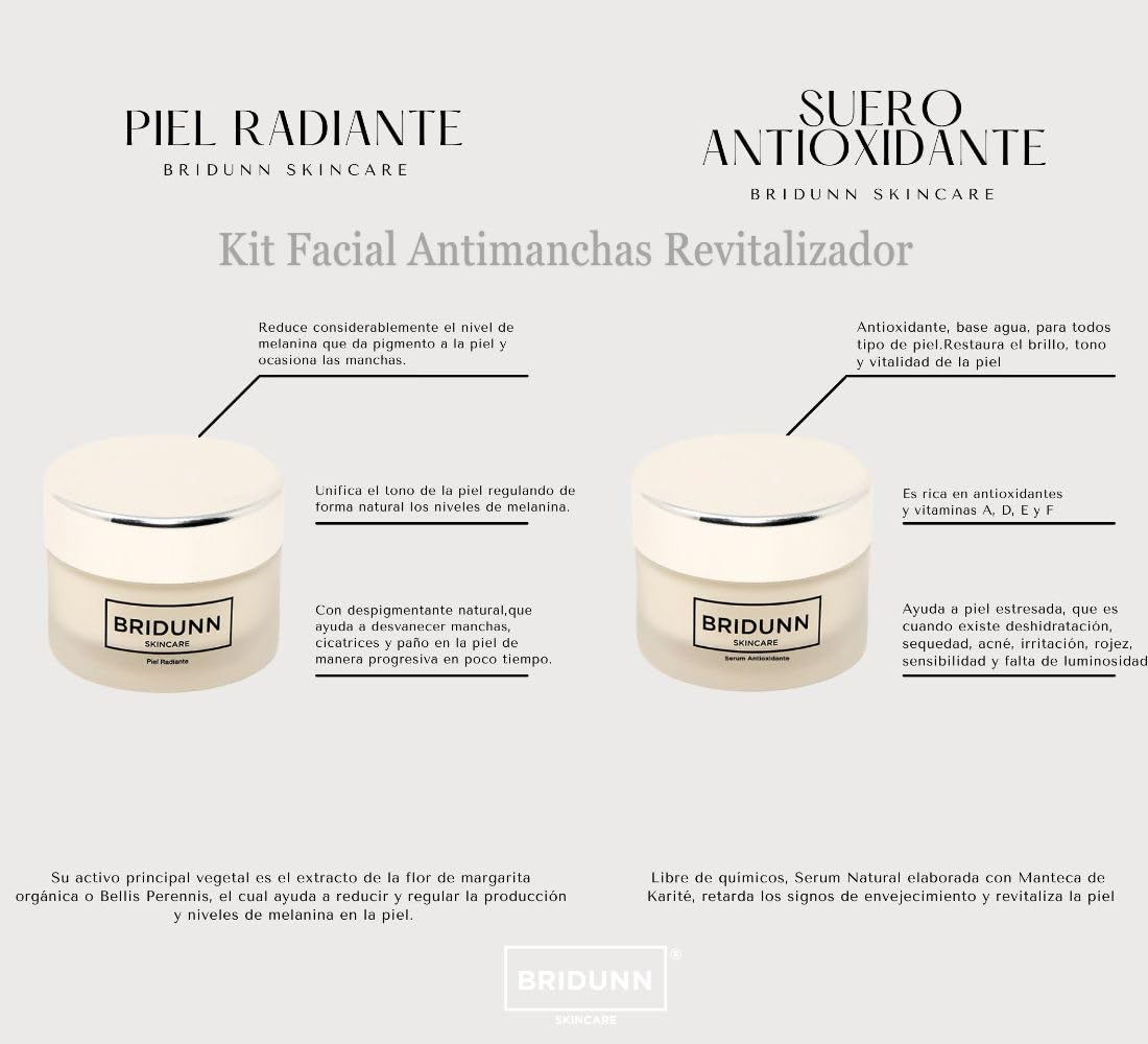 BRIDUNN SKINCARE KIT - Conjunto Suero Piel Radiante: Crema Facial Despigmentante quitamanchas y Suero Antioxidante con Karité | Elimina Manchas, Aclara el Tono y Previene el Envejecimiento | Natural y Libre de Químicos, para Todo Tipo de Piel