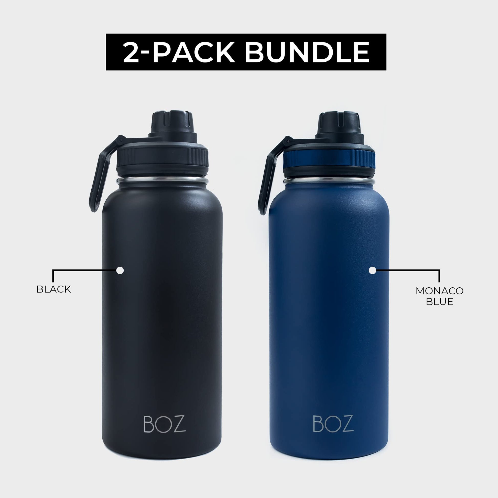 BOZ Botella de agua de acero inoxidable, termo de acero inoxidable 1 litro XL (1 L / 34 oz) boca ancha, sin BPA, aislamiento de doble pared al vacío (Azul/Negro)
