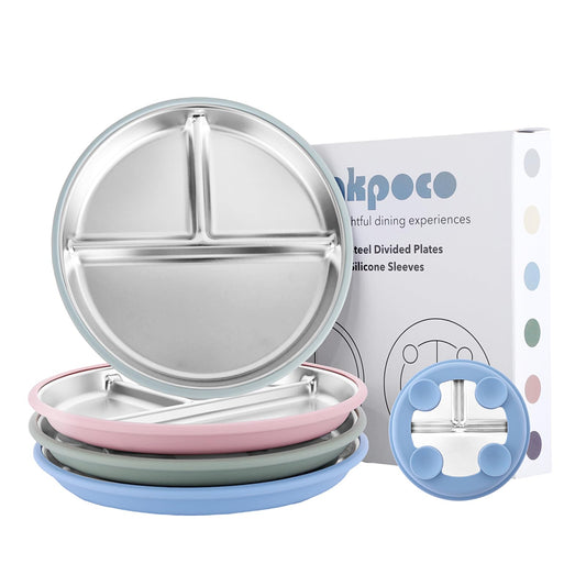 Bakpoco - Placas de succión de acero inoxidable para niños pequeños, platos divididos de 9 pulgadas con succión de silicona extraíble, no tóxicos, antideslizantes, para control de porciones, 4