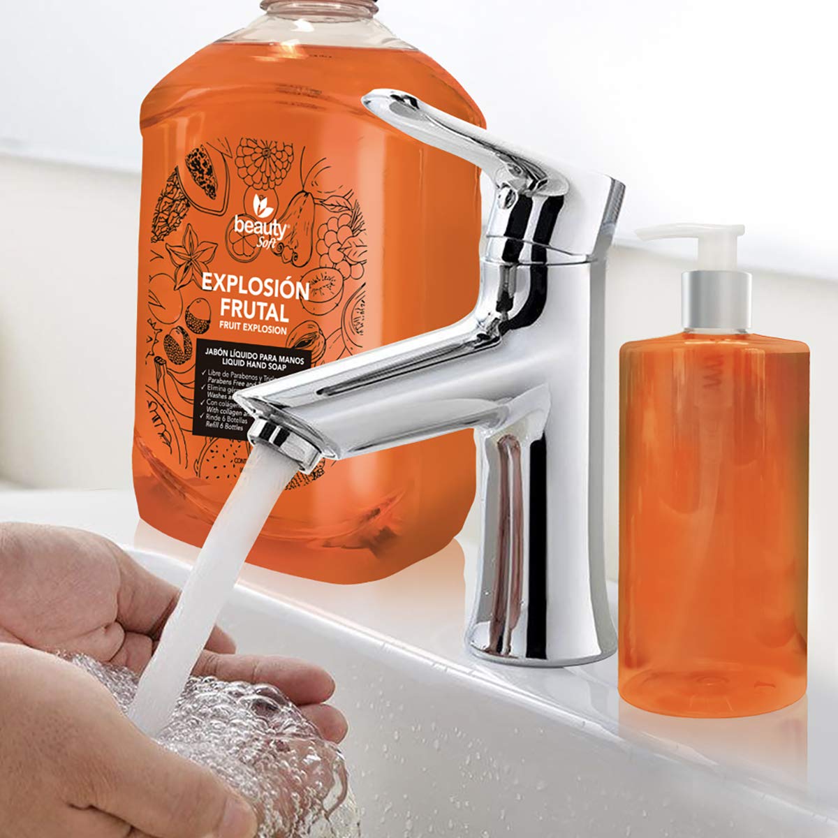 Jabón liquido para manos antibacterial 1.8 Litros Libre de Parabenos y Triclosán con Colageno y Aloe Vera Explosión Frutal