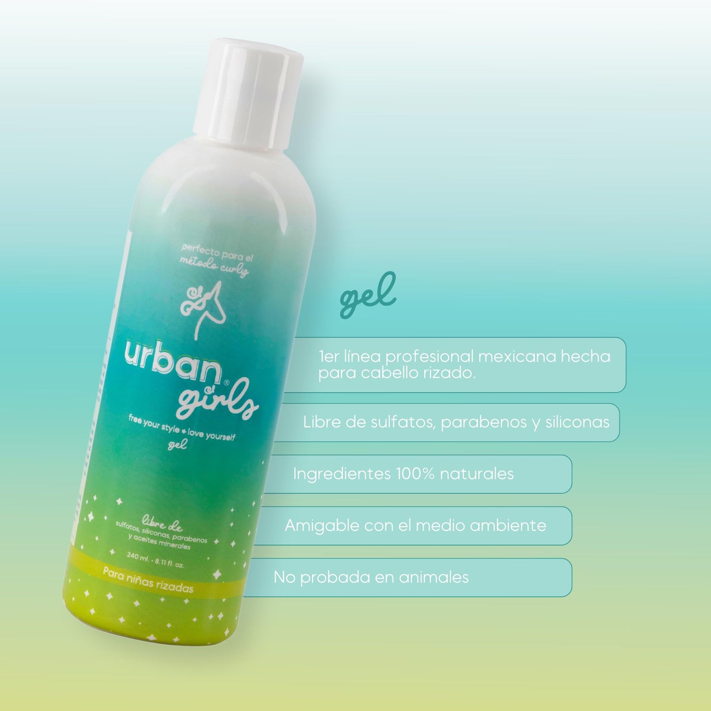 URBAN GIRLS Gel para Cabello Rizado de Niñas 240 ml – Con Aceite de Coco e Ingredientes Naturales – Sin Sulfatos, Parabenos ni Siliconas – Define Rizos Suaves, Controla el Frizz y Cuida el Cabello Infantil