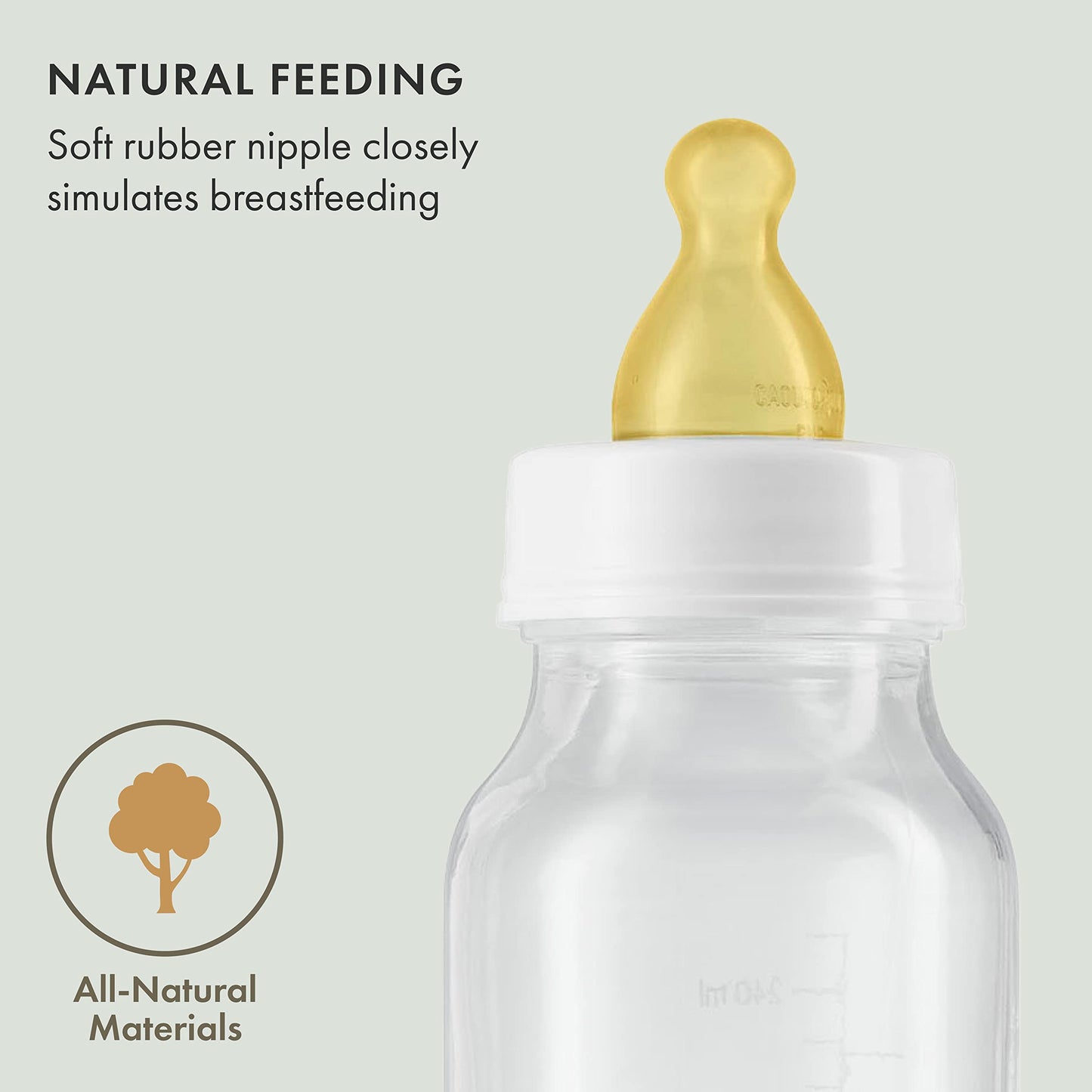 Natursutten - Biberones de cristal anticólicos de 8 onzas con pezones de goma natural y látex de flujo lento, 2 unidades. Cristal de borosilicato fabricado en Francia. Caucho natural fabricado en Italia.