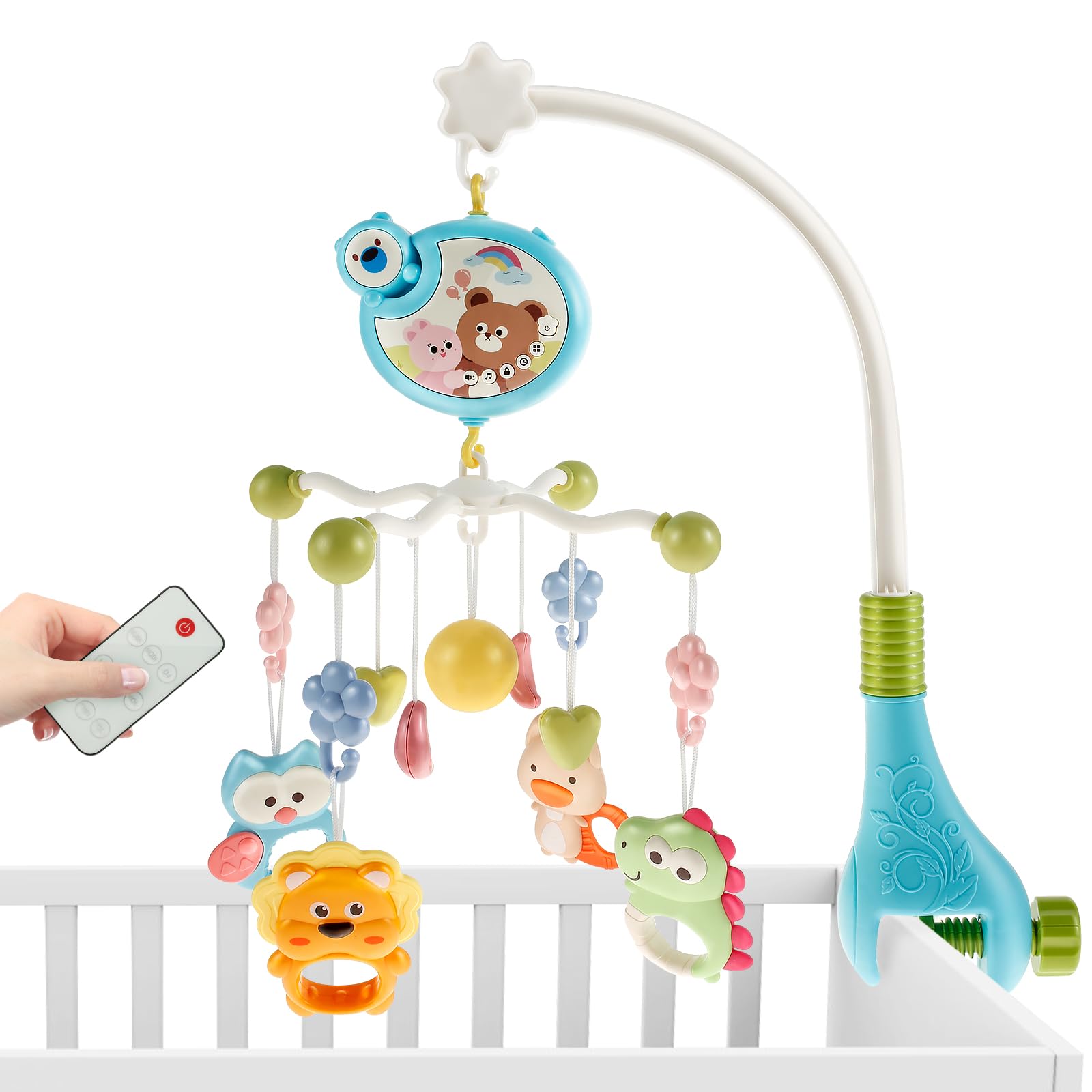 Móvil Musical Montessori Azul con Luces Nocturnas y Rotación de 360° para Bebé