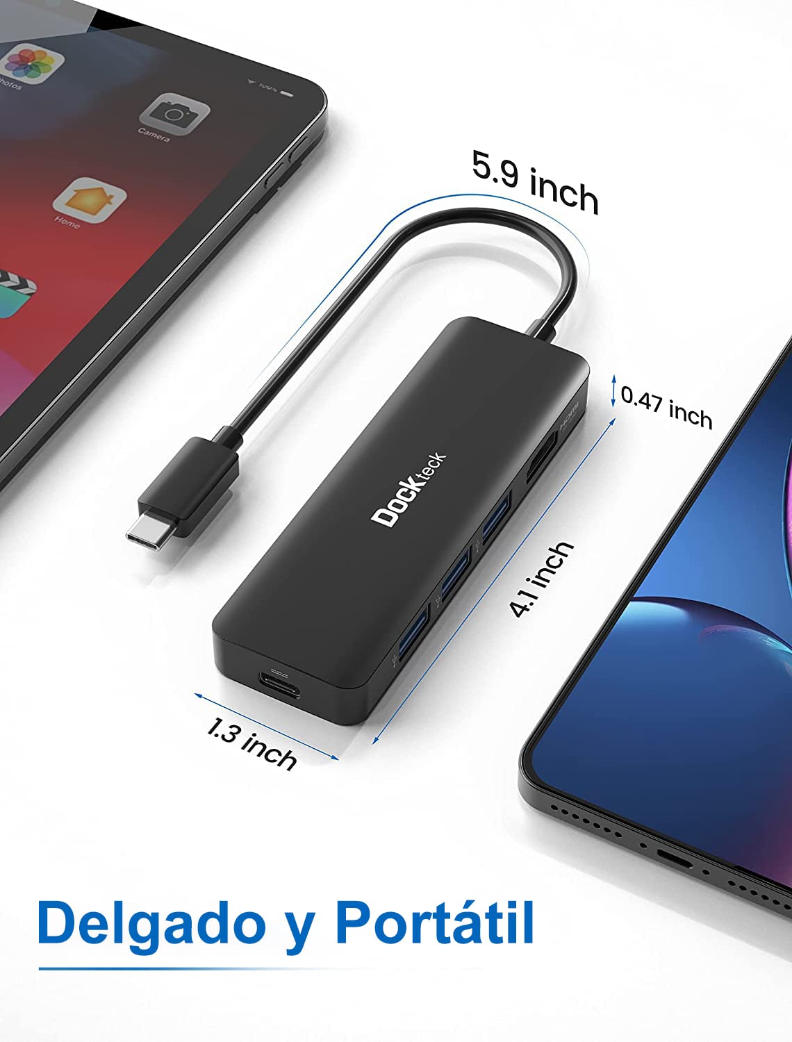 dockteck Hub USB C 4K 60Hz, Adaptador multipuerto USB C 5 en 1 con HDMI 4K, Suministro de energía de 100 W, 3 Puertos de Datos USB 3.0 para MacBook Pro/Air M1 2020, iPad Pro 2021, Surface Pro