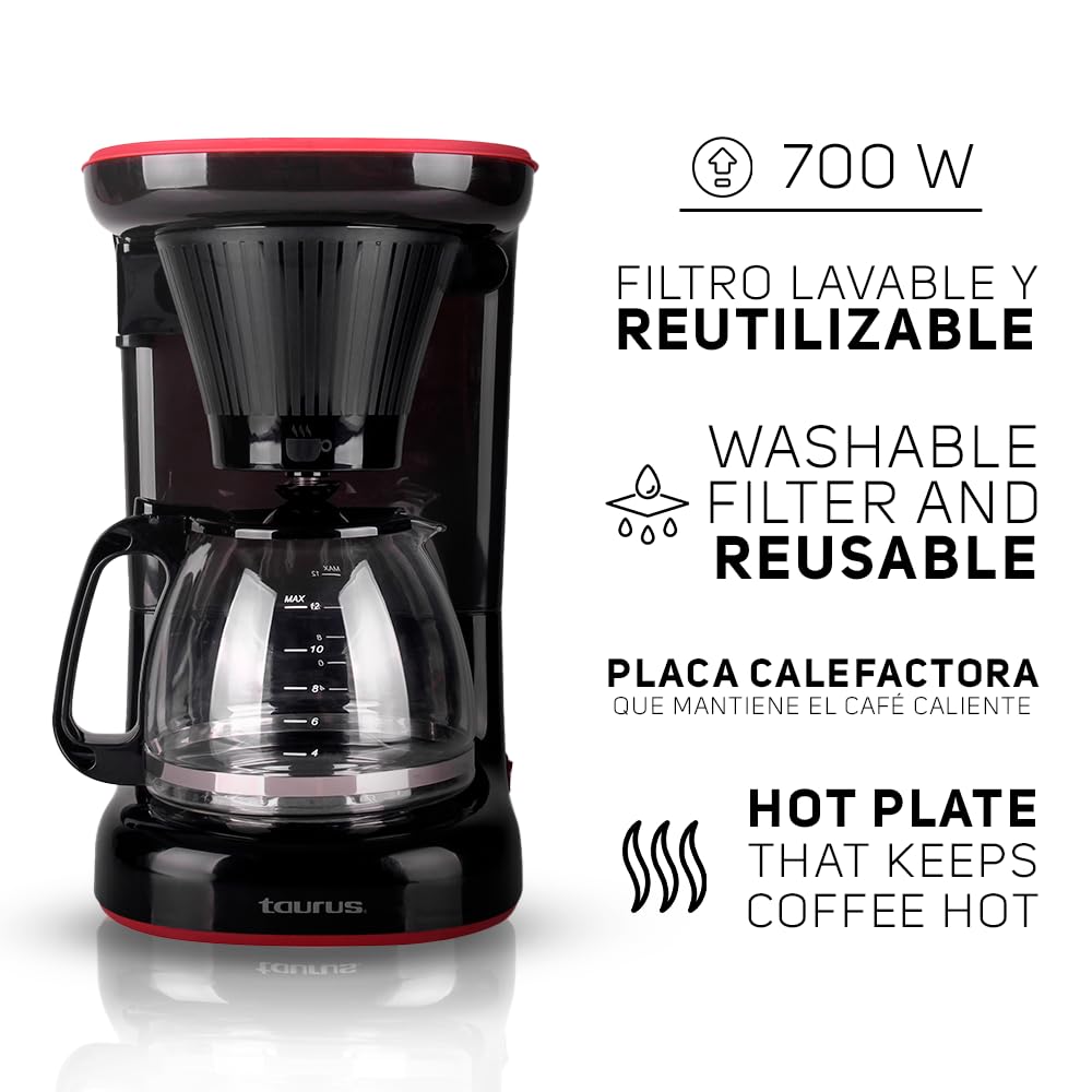 TAURUS VELVET, Cafetera de Goteo 1.2 L, 700 W, Placa Calefactora, Filtro Permanente Lavable y Reutilizable, Café Siempre Caliente