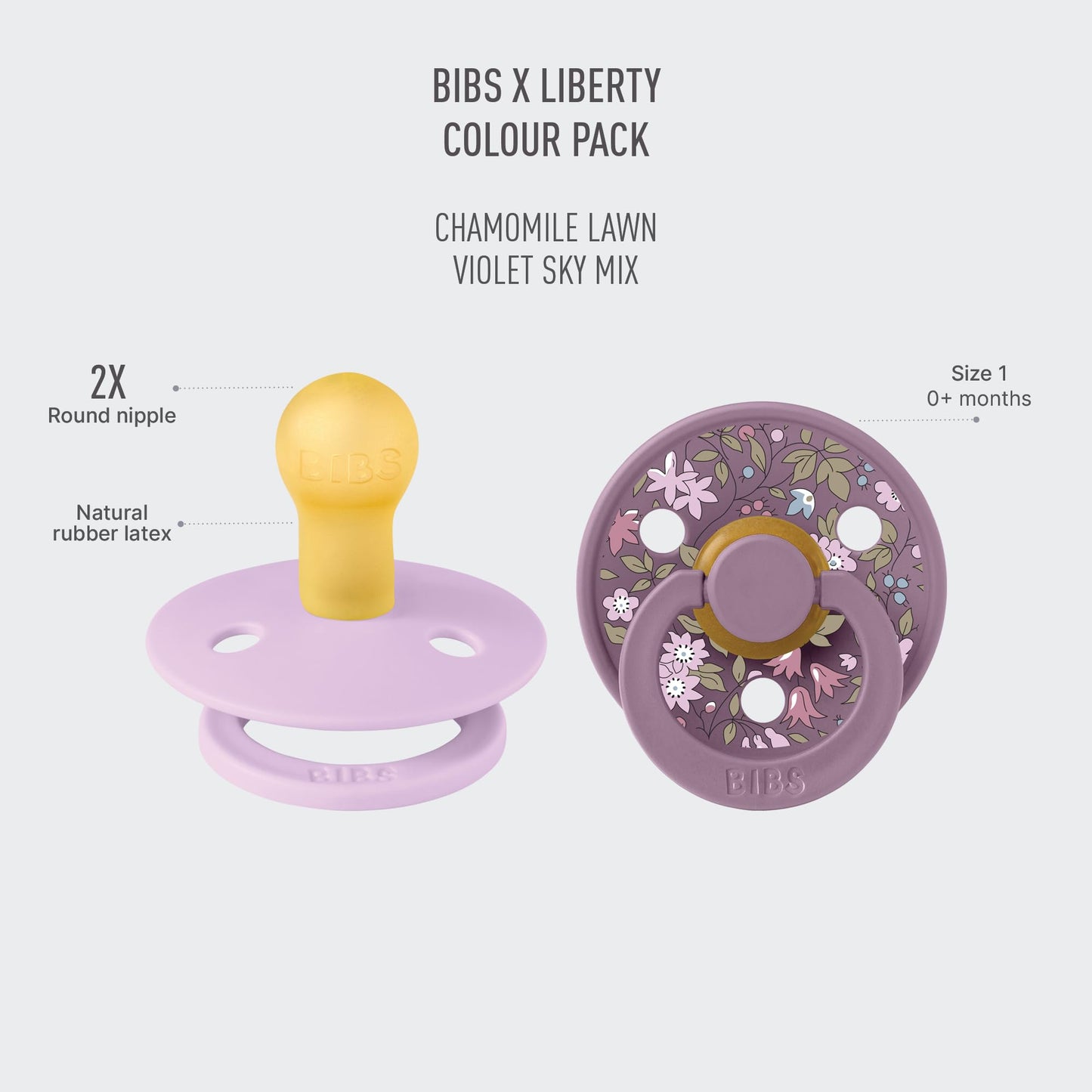BIBS Liberty diseño Exclusivo 2 chupetes. Libre de BPA, Tetina redonda. Látex natural, Talla 1 (0-6 meses) Chamomile Lawn/Violet Sky