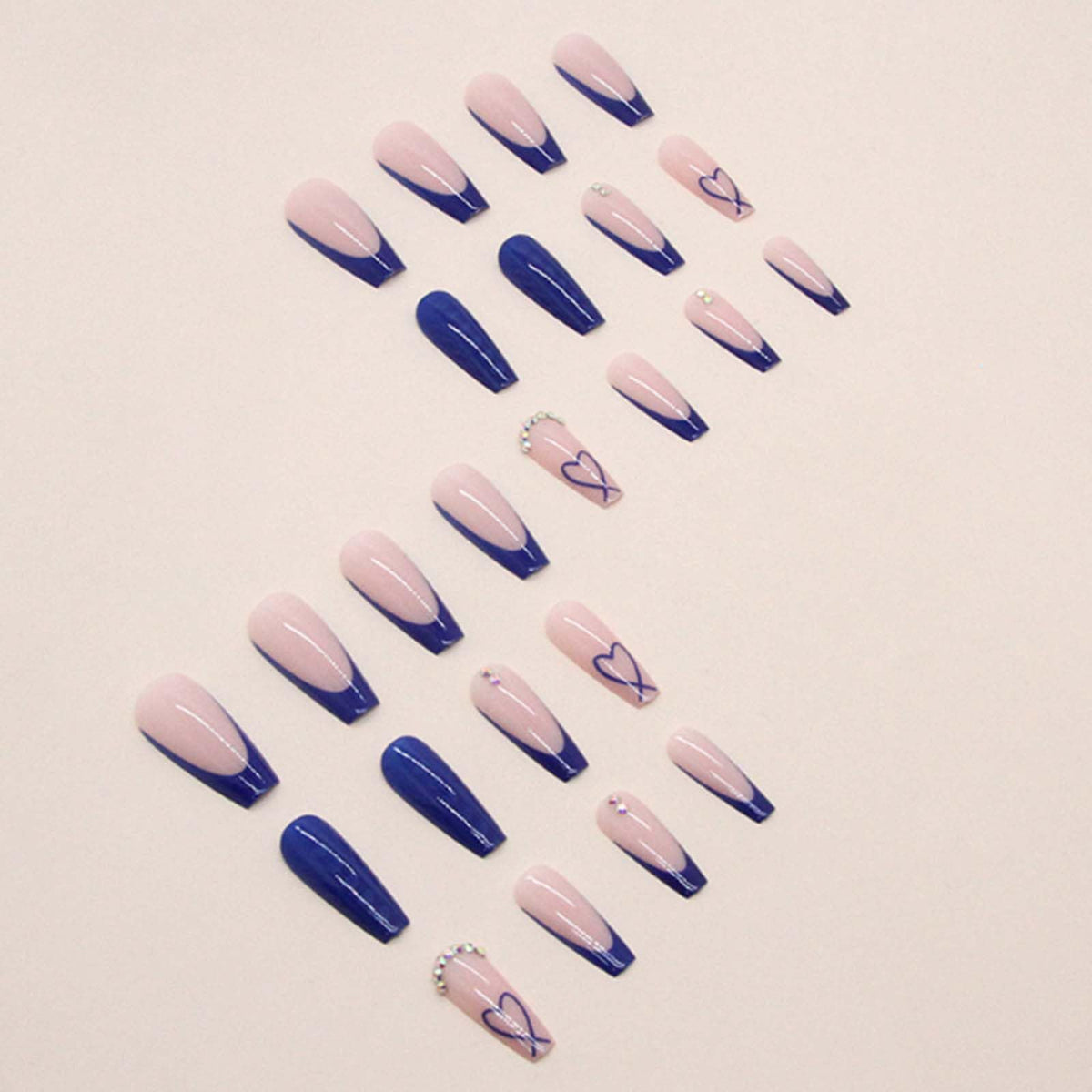 Gifiky Uñas Postizas de Ataúd Largo, Azul Francés, Prensa En Uñas Lindas, Consejos de Uñas Acrílicas Con Diseño de Gemas de Cristal Acrílico, Uñas Postizas para Mujeres y Niñas, 24 Piezas