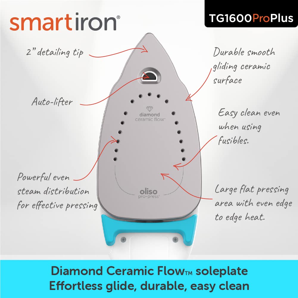 Plancha de Vapor Oliso TG1600 Pro Plus Turquesa con Elevación Automática y Suela de Cerámica de Diamante para Ropa y Costura