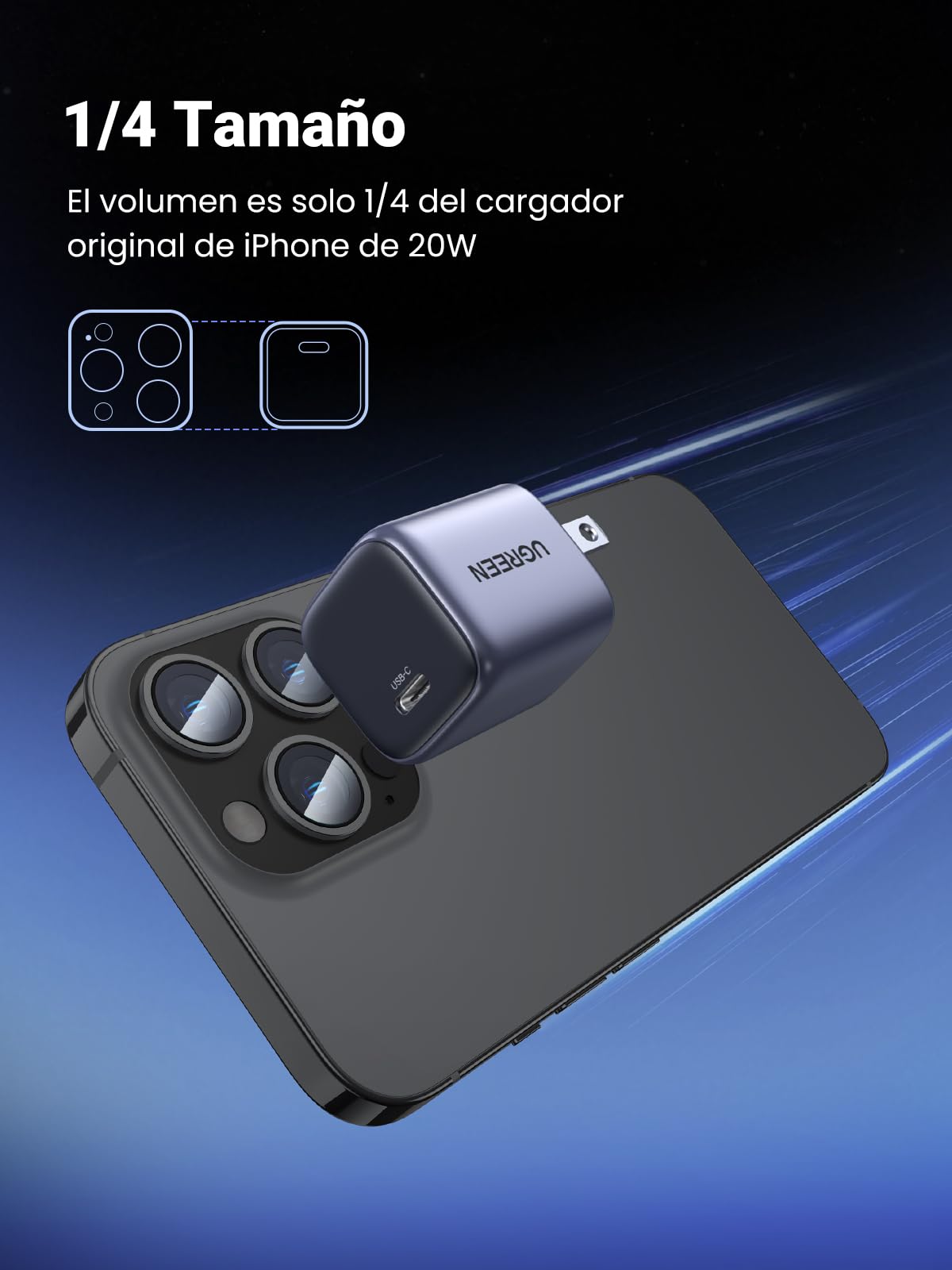 Cargador USB C GAN UGREEN Nexode Blanco 20W Carga Rápida PD Tipo C para iPhone, Galaxy, iPad Pro, Xiaomi, Huawei