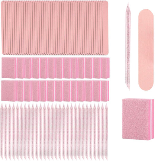 Iixoxii Kit De 100 Herramientas Para Presionar Uñas, Que Incluye 100 Minipulidores De Uñas, 100 Limas De Uñas, 100 Palitos De Uñas, 100 Bolsas Opp, Kit De Manicura Dese 100 Piezas-Rosa