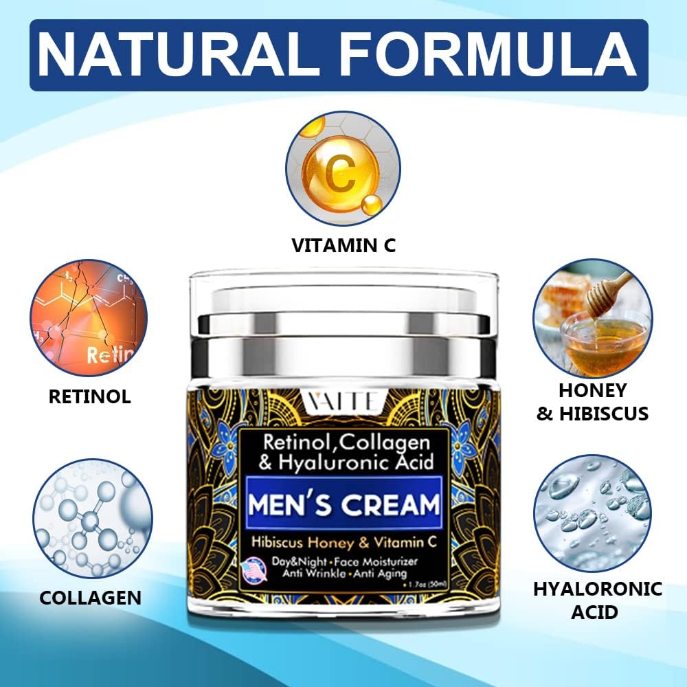 VAITE Crema facial para hombres con colágeno, retinol, antienvejecimiento, antiarrugas debajo de los ojos Crema para el cuidado de la cara para hombres con hibisco y miel, ácido hialurónico, vitamina C Fabricado en EE. UU.