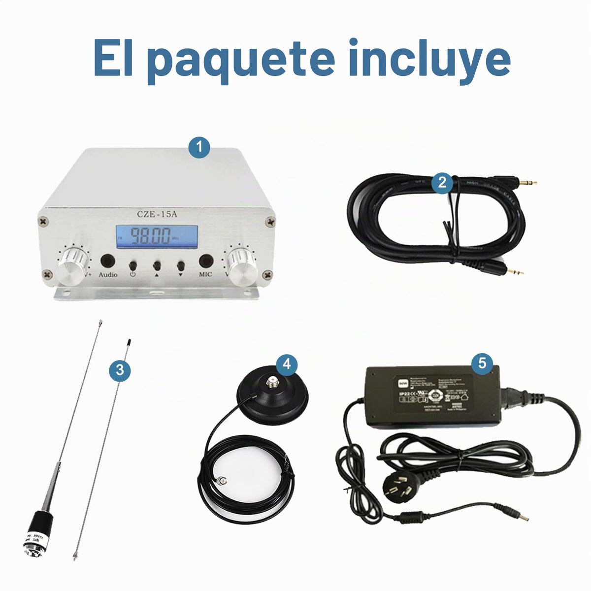 Transmisor FM Estéreo de Largo Alcance de 15 W para Iglesia con Micrófono 3,5 mm