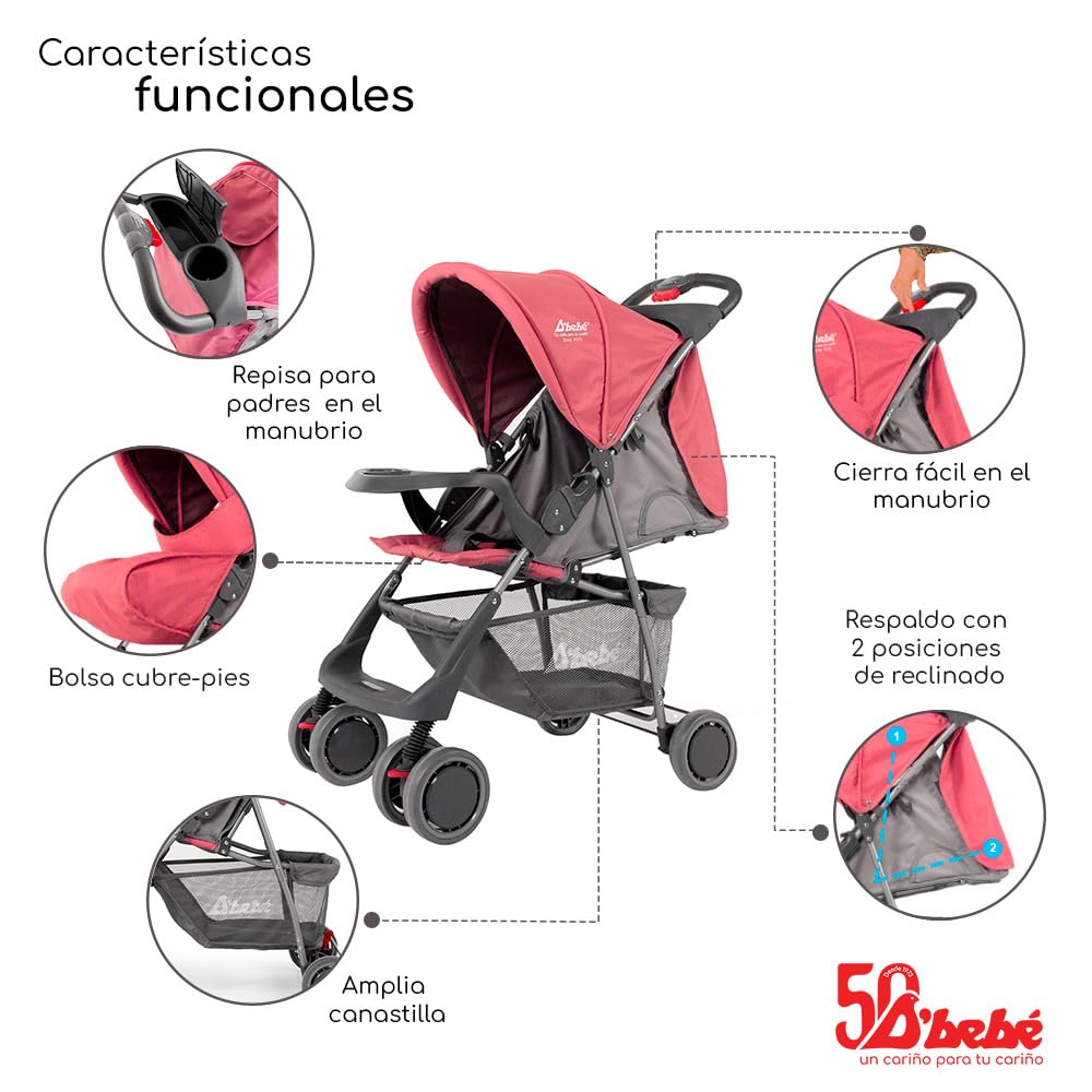 D´BEBÉ - Carriola Citi - Carriola Cómoda y Ligera por su Respaldo Reclinable - Fácil de Transportar - Ideal para Bebés desde 3 Meses de Edad hasta los 2 Años - Color Rosa
