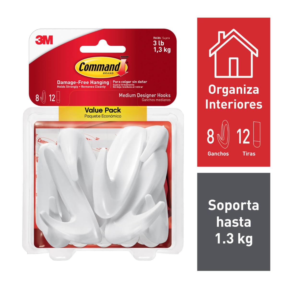 Command 3M Gancho Adhesivo sin dañar la superficie, Uso Interior, Mediano, Color Blanco, 8 piezas, Resiste hasta 1.3Kg.
