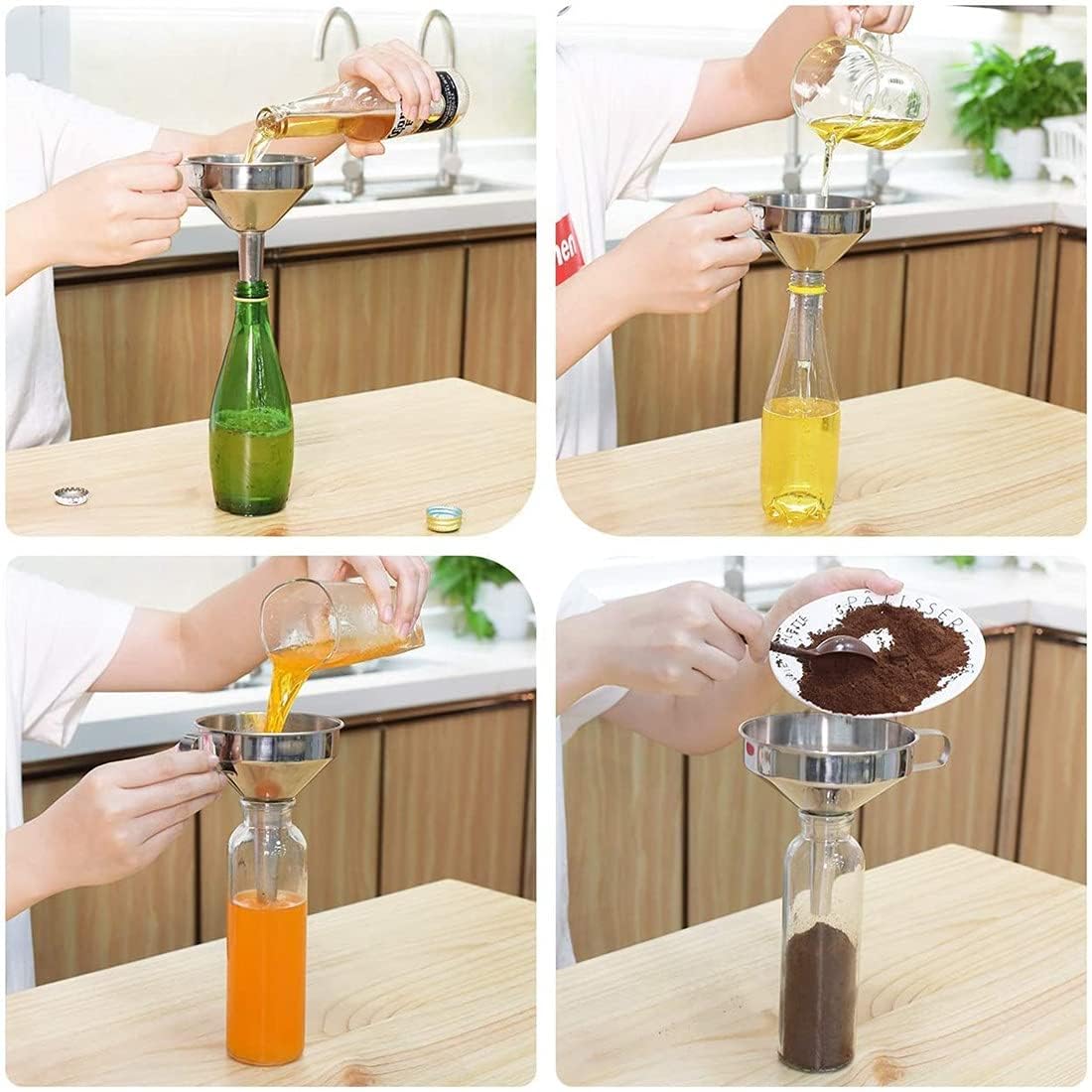 Juego de Embudos de Cocina con Coladores y Cepillos de Limpieza Apto para Líquidos aceites mermeladaingredientes secos y polvo 11 cm 13 cm 15 cm