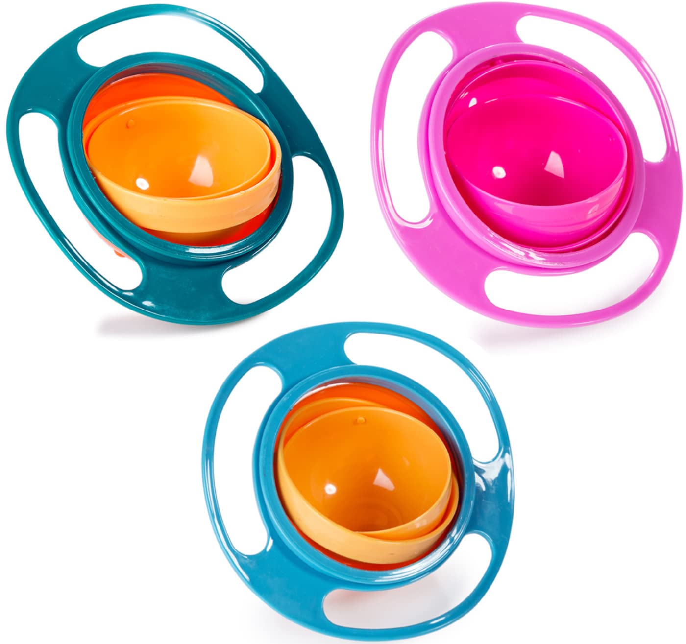 Berry President Magic Bowl de rotación de 360 grados resistente a derrames con tapa para bebés y niños pequeños (rosa, azul y verde)