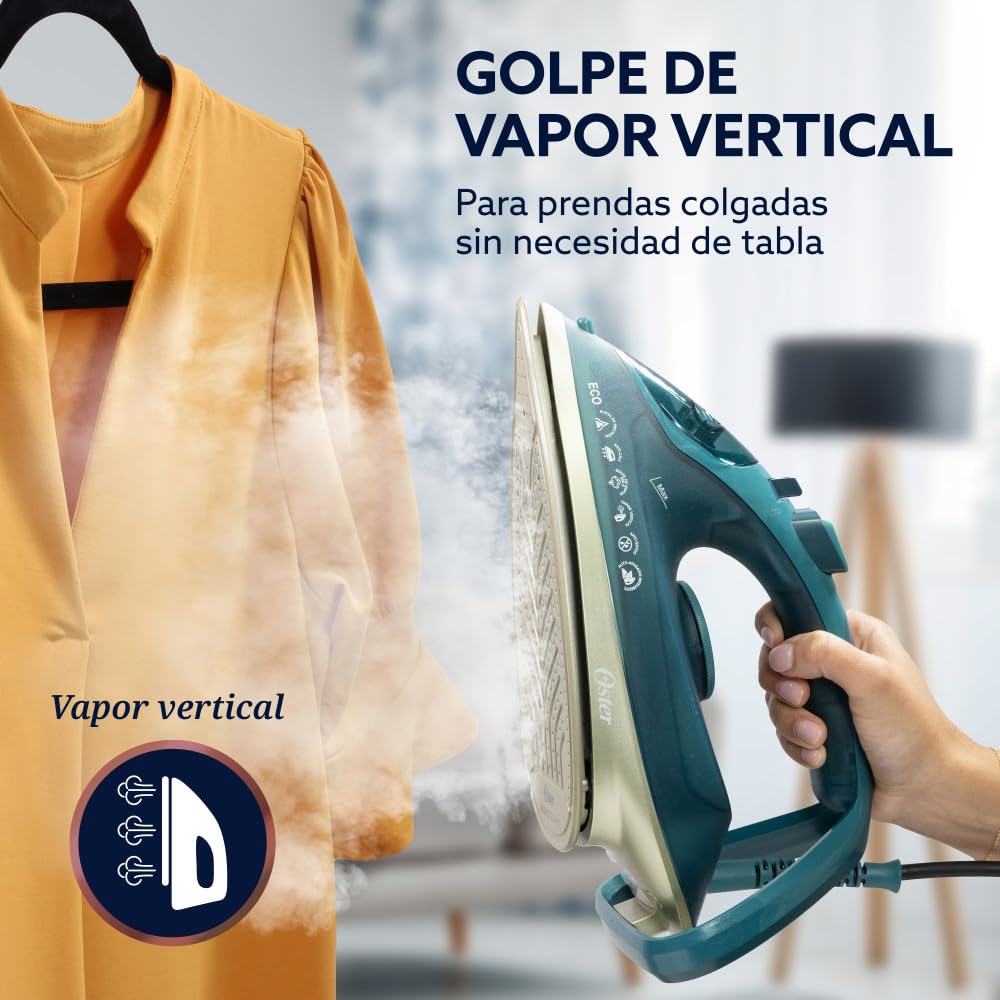 Oster Plancha de Vapor, AeroGlide Max S7800, con Golpe de Vapor 200 g/min, Recubrimiento Metálico Cerámico, Suela con más Cobertura, Aeroceramic, Eco, Apagado Automático, Verde Oscuro, GCSTAC7802-013