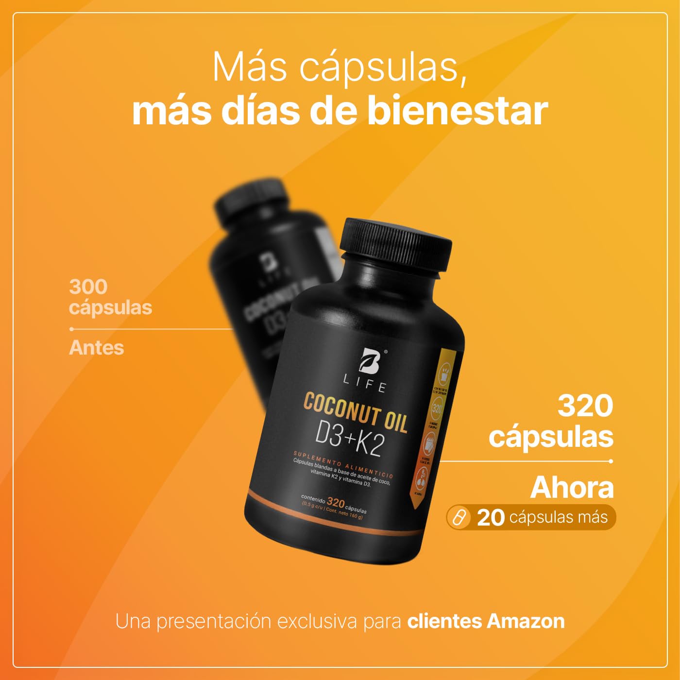 B Life Vitamina D3 400 UI + K2 con 320 Softgels. Alta absorsión. Aceite de Coco, Vitaminas D3 y K2. Ingredientes naturales. Coconut Oil D3 + K2.