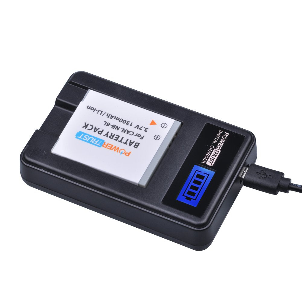 Paquete de Baterías PowerTrust NB-6L NB-6LH con Cargador USB LCD para Cámara Canon Color Negro
