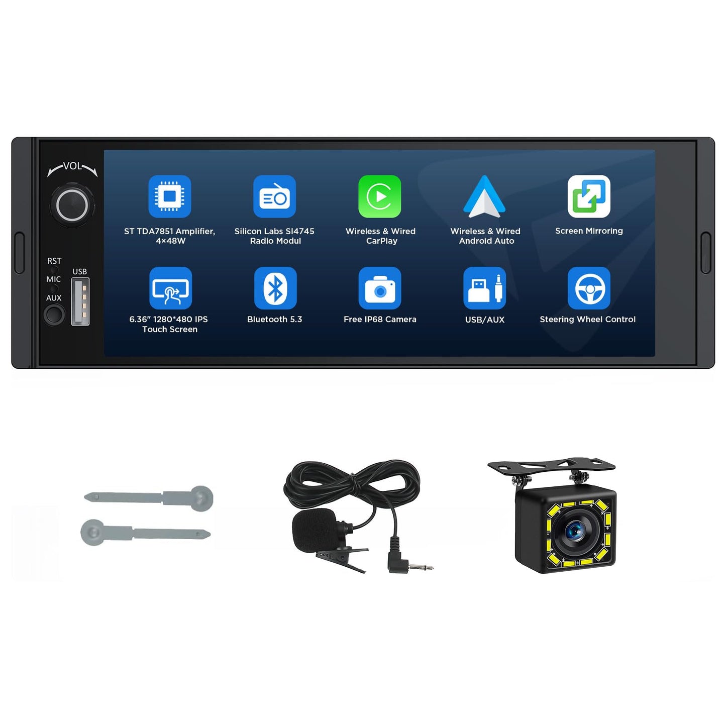 Eonon - Estéreo de coche DIN único de 6.4 pulgadas, inalámbrico CarPlay y Android Auto, visualización táctil IPS (1280 x 480), ST TDA7851 Amp, cámara de respaldo, control de dirección, Bluetooth 5.3