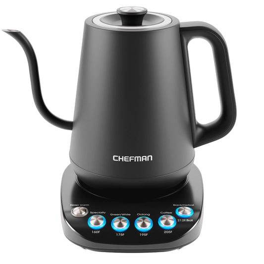 Chefman cuello de cisne Hervidor de ebullición rápido control interno de temperatura personalizado y 6 preajustes de un solo toque protegido contra ebullición en seco apagado automático negro