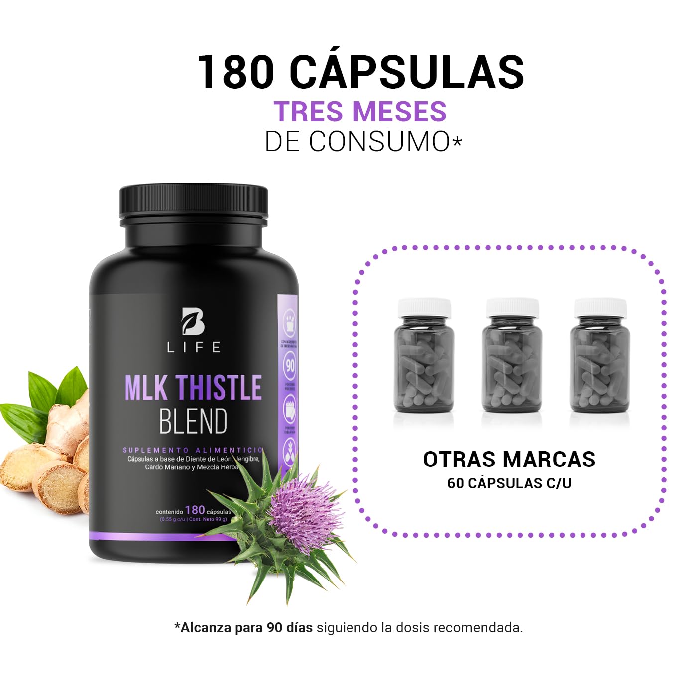 Cardo Mariano 180 cápsulas 1100 mg por porción. Hoja de Diente de León, Raíz de Jengibre y Mezcla Herbal. Ingredientes naturales. Mlk Thistle Blend B Life.
