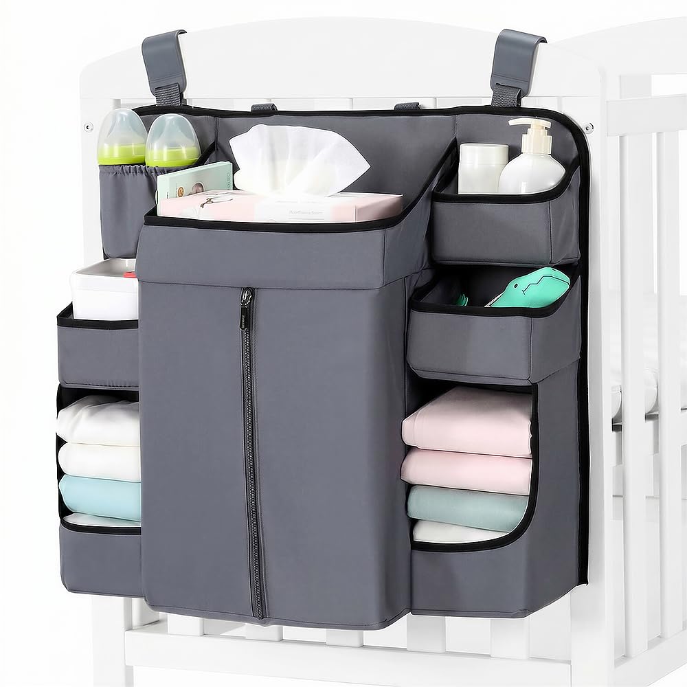 Organizador de Pañales para Bebe, Organizador de Cuna Colgante para Cosas de Bebé, Múltiples bolsillos y compartimentos para guardar pañales, biberones (Gris Oscuro)