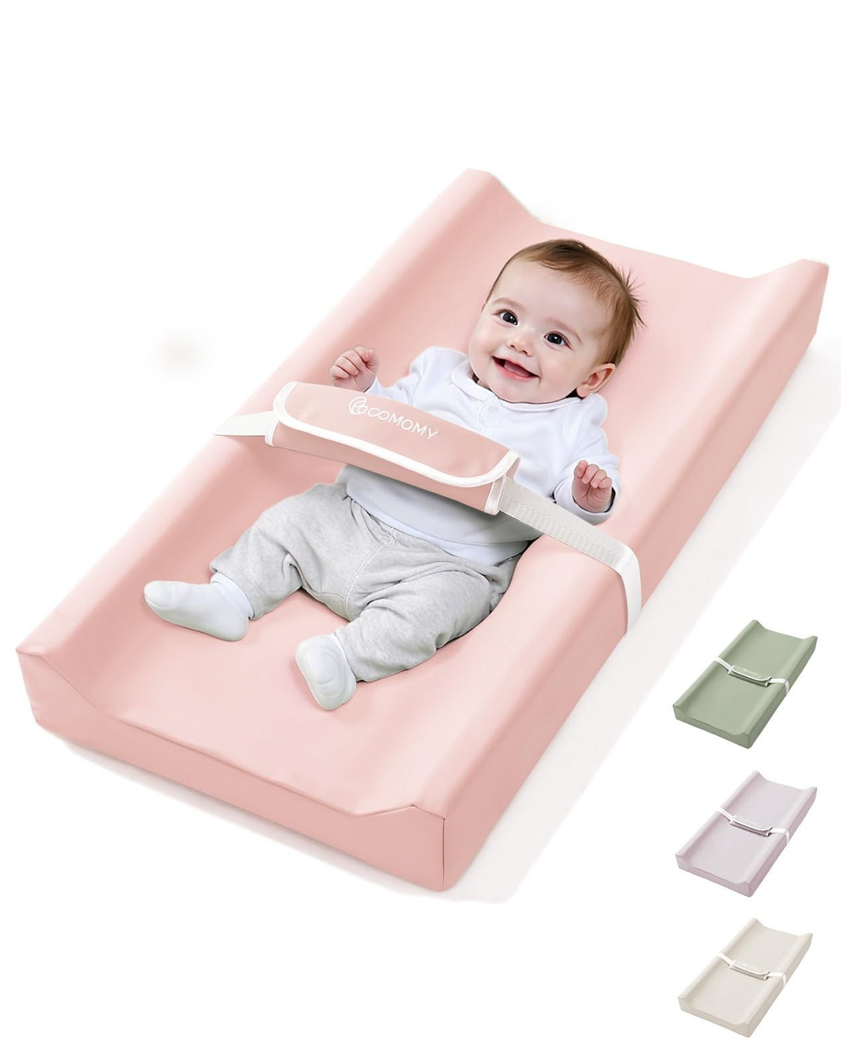 COMOMY - Cambiador de bebé con funda de poliuretano lavable e impermeable, cambiador de pañales contorneado para cómoda con cinturón de seguridad antideslizante, portátil y ligero, espuma acolchada