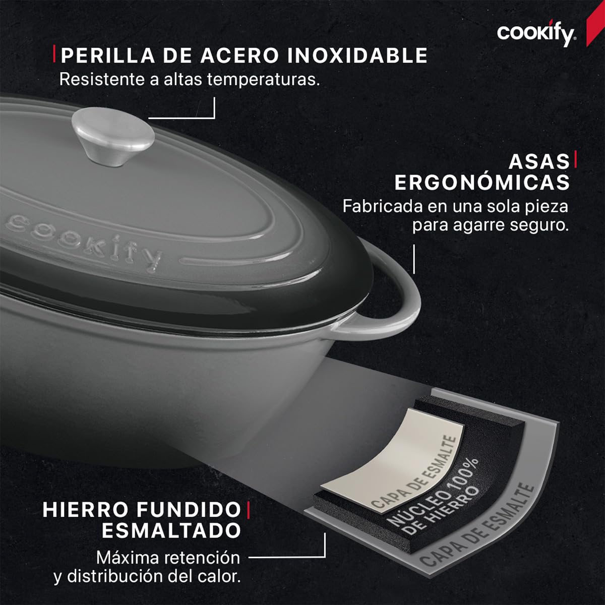 Cookify Olla de Hierro Fundido Esmaltado para Horno y Estufa, Horno Holandés Capacidad 7 Litros Dutch Oven (Gris, 35 cm)