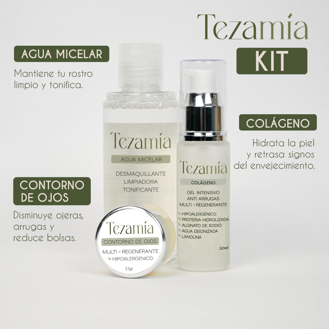 Tezamía | Kit de Belleza Completo - Rutina de Skincare con Contorno de Ojos, Agua Micelar y Sérum Antiarrugas con Colágeno - Hidratación, Limpieza y Reducción de Arrugas (3 Piezas)