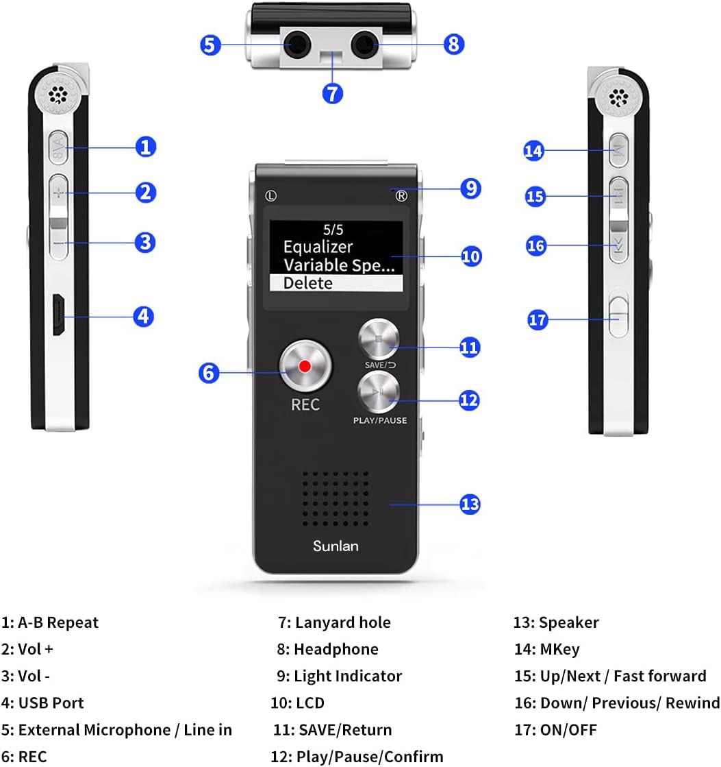 Grabadora de Voz Digital Sunlan 16GB Activada por Sonido para Conferencias y Reuniones