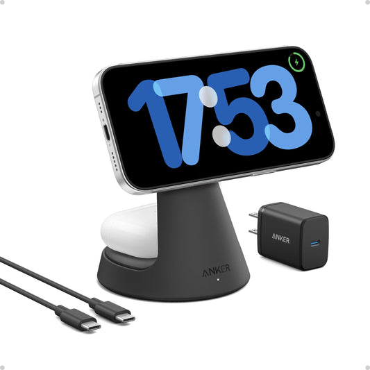 Anker Estación de Carga Inalámbrica 15W, Soporte 2 en 1, Carga Rápida Qi2, Sistema de Carga Dual, Conexión Magnética Segura, Ángulos Ajustables, Diseño Elegante para iPhone 15 Pro y Auriculares TWS
