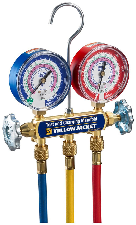 Colector de 2 Válvulas Yellow Jacket Serie 41 A2L Amarillo con Calibradores de 3-1/8 Pulgadas