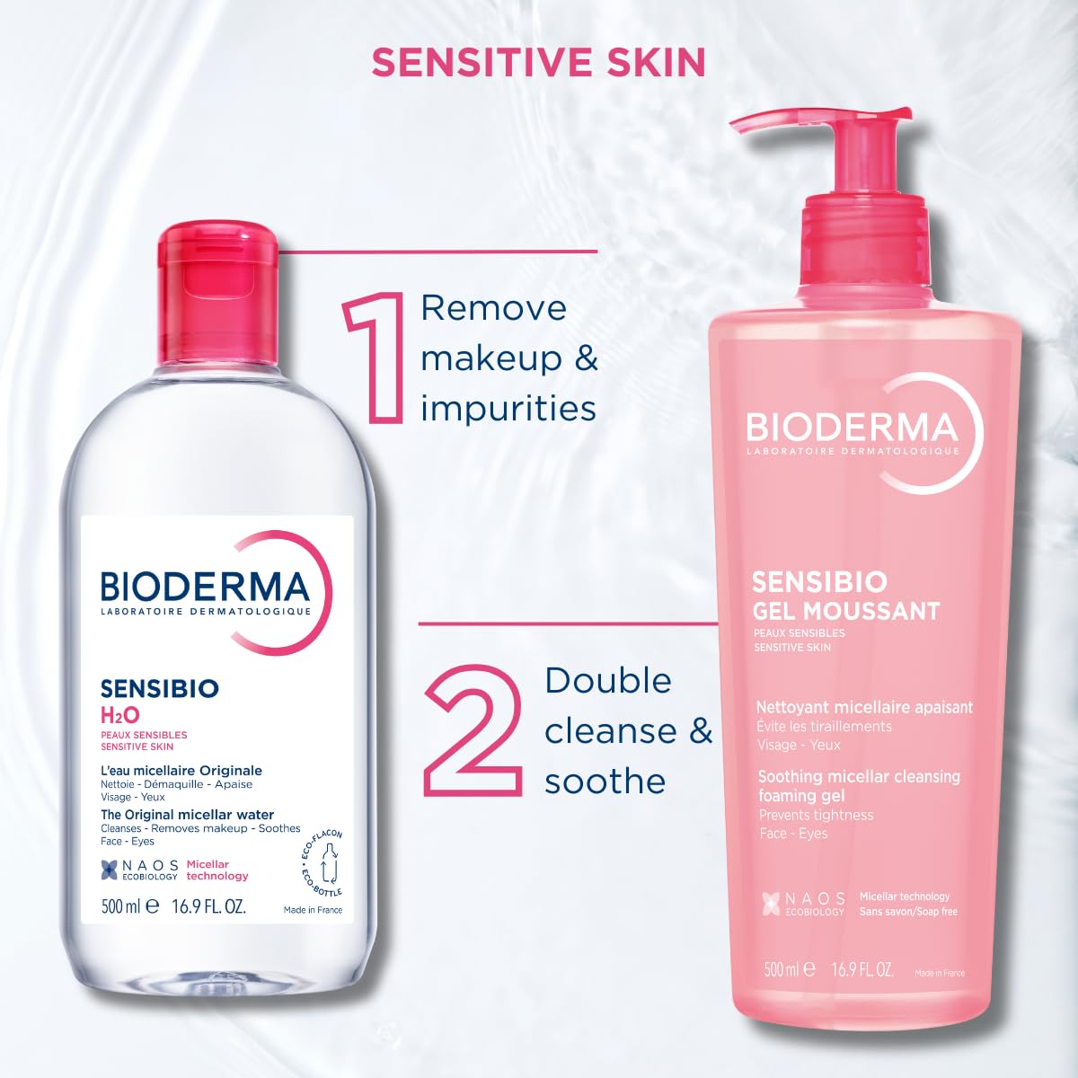 Bioderma - Agua limpiadora micelar calmante Sensibio H2O y solución desmaquillante para piel sensible, rostro y ojos, 16.7 onzas líquidas, paquete de 2 unidades