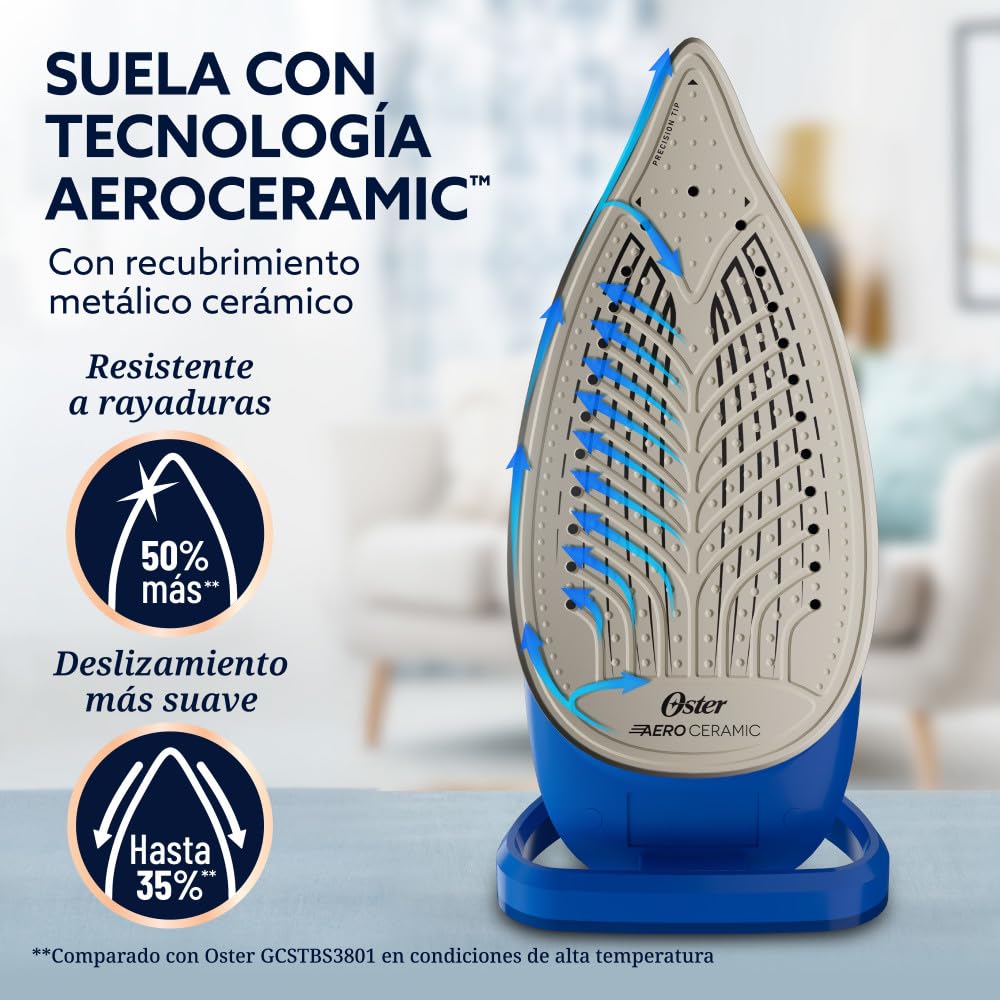 Oster Plancha de Vapor, AeroGlide Plus S7600, con Golpe de Vapor 200 g/min, Recubrimiento Metálico Cerámico, Suela con más Cobertura, Tecnología Aeroceramic, Función Eco, Azul Claro, GCSTAC7601-013