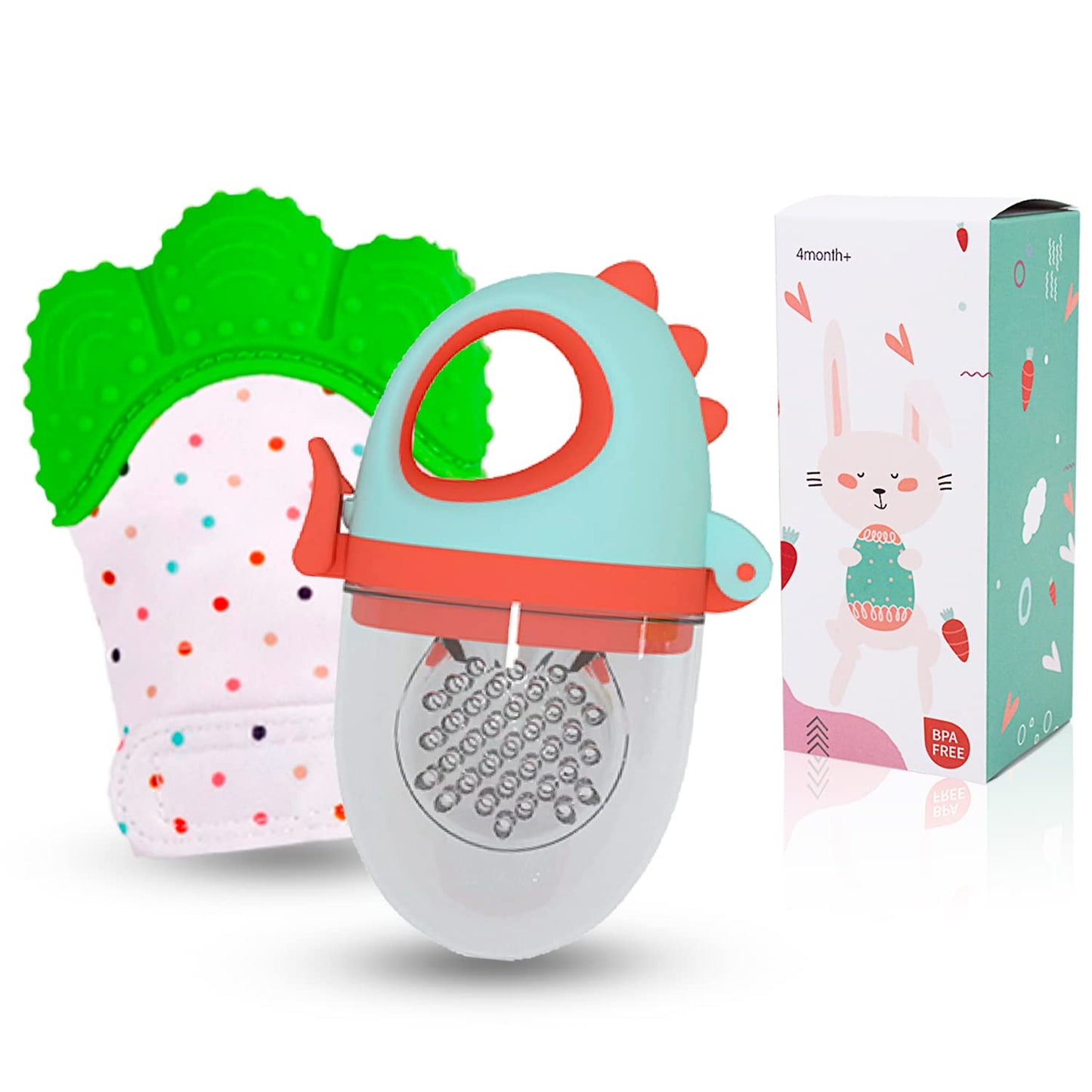 Fruit and Porridge Sucker + Teething Glove, Sound Membrane, Stimulating Relief for Baby, BPA Free, 3 months (Dino Green Red Sucker and Green Glove)