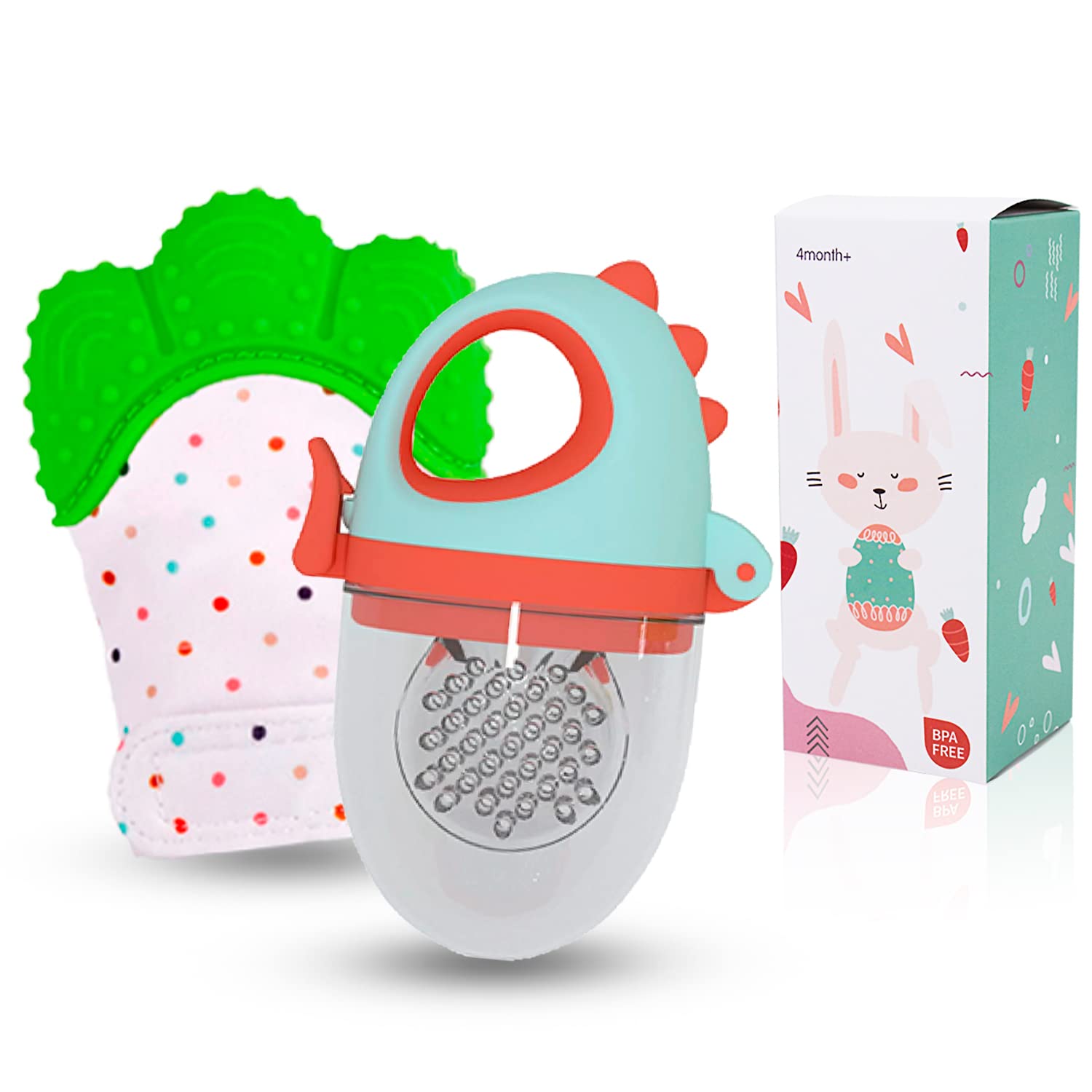 Fruit and Porridge Sucker + Teething Glove, Sound Membrane, Stimulating Relief for Baby, BPA Free, 3 months (Dino Green Red Sucker and Green Glove)