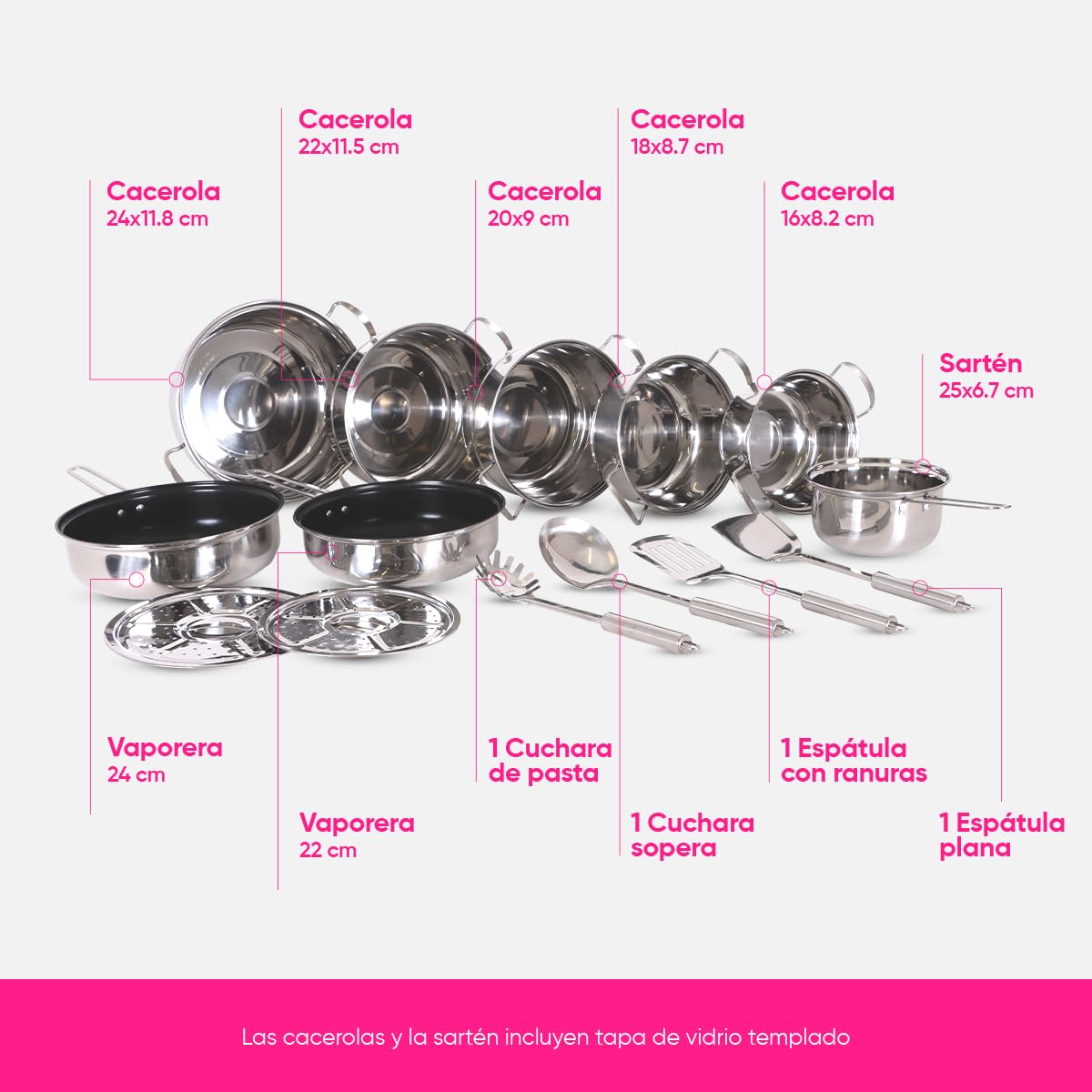 Bateria de Cocina Sofia Inox Acero Inoxidable 18 Piezas