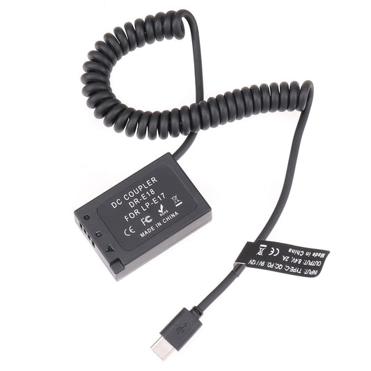 FocusFoto USB-C tipo C a batería falsa LP-E17 completamente decodificada DR-E18 acoplador de alimentación Adapte cable de resorte para Canon EOS R8 R10 RP 77D 200D Mark II 250D 750D 760D 800D 850D